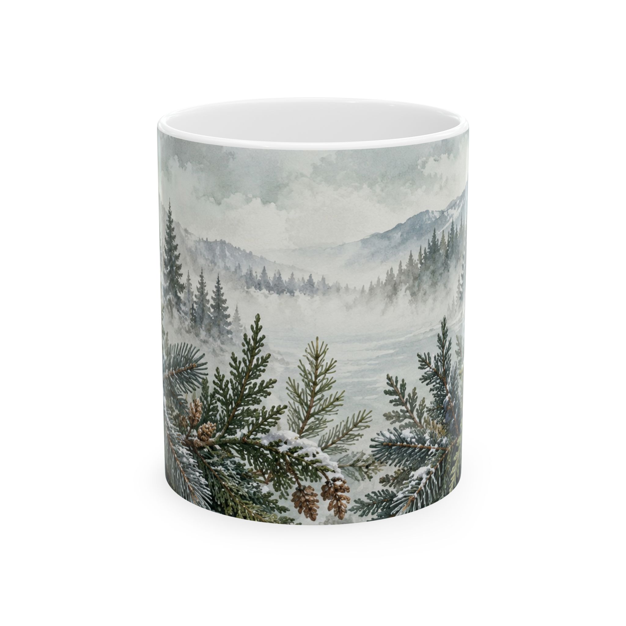 Evergreen coffee mug with snowy pine fir cedar juniper and pinecones