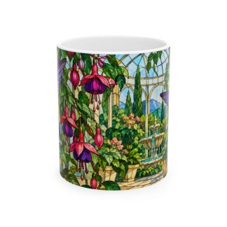 Stained glass style hummingbird mug with hibiscus and fuchsia