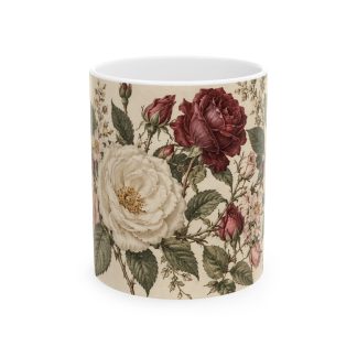 Vintage floral mug with blush, cream and burgundy roses