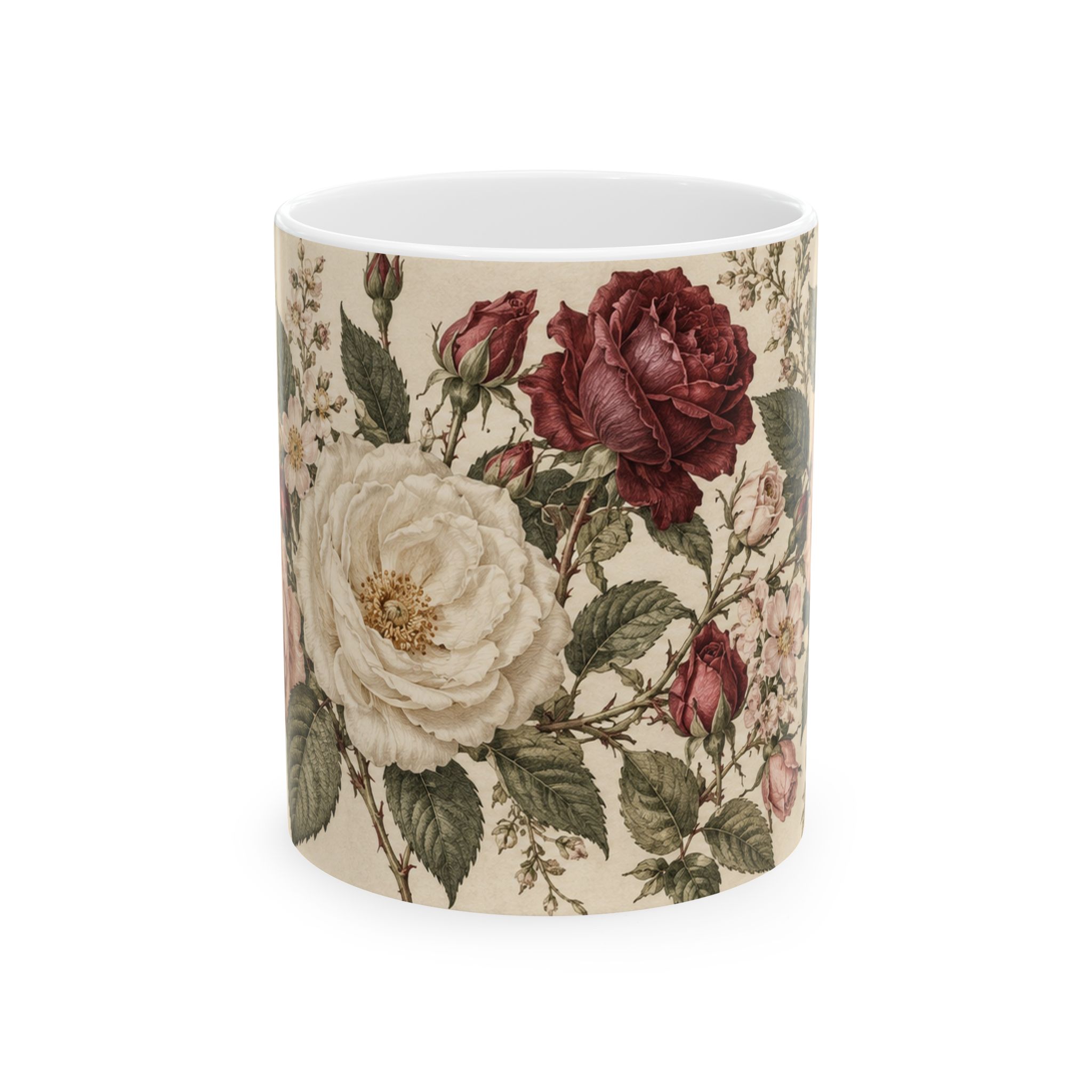 Vintage floral mug with blush, cream and burgundy roses