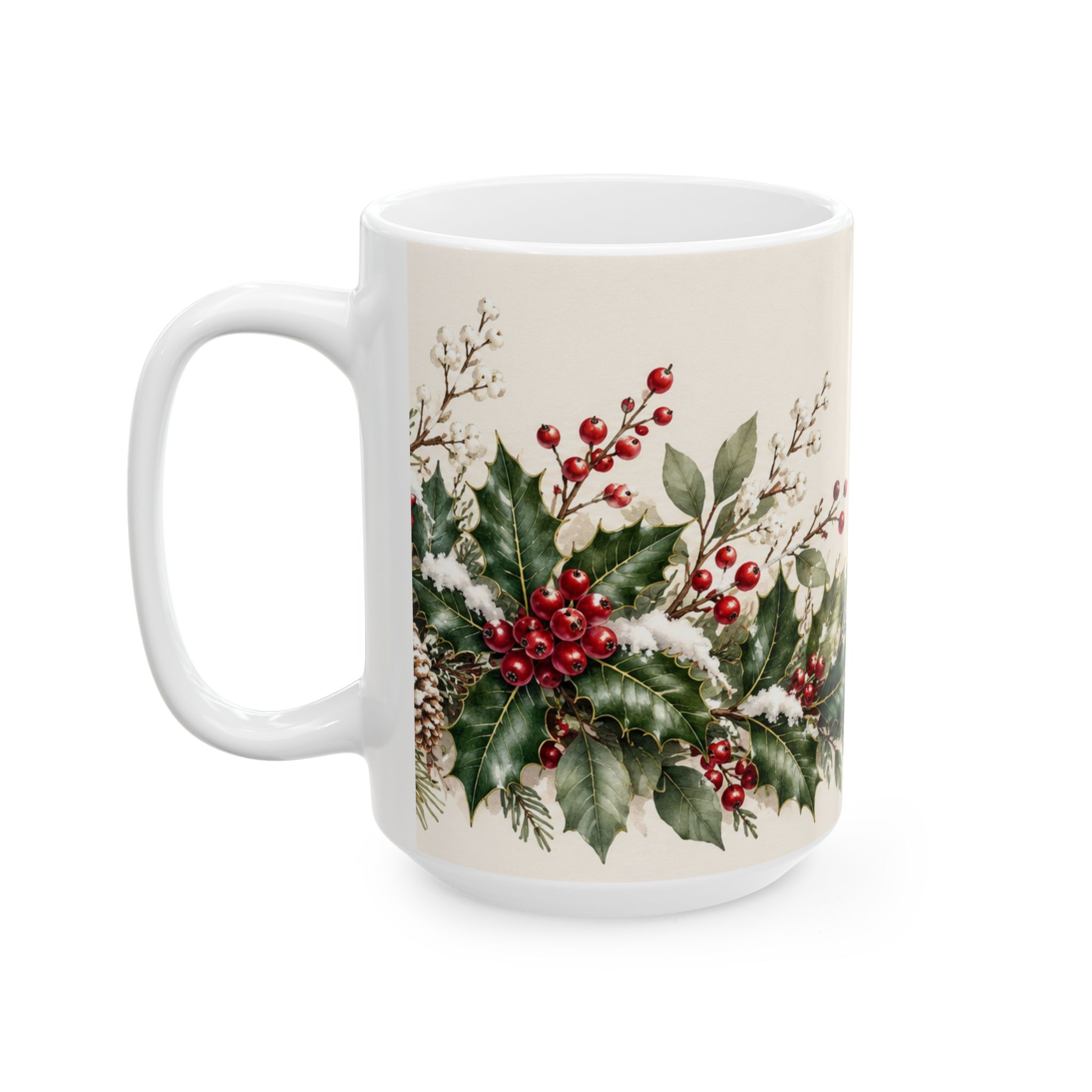 Holly coffee mug with red winterberries snowy greenery and chickadees — view 7