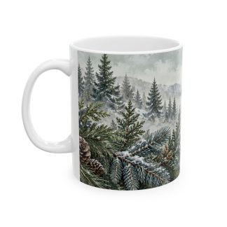 Evergreen coffee mug with snowy pine fir cedar juniper and pinecones — view 3