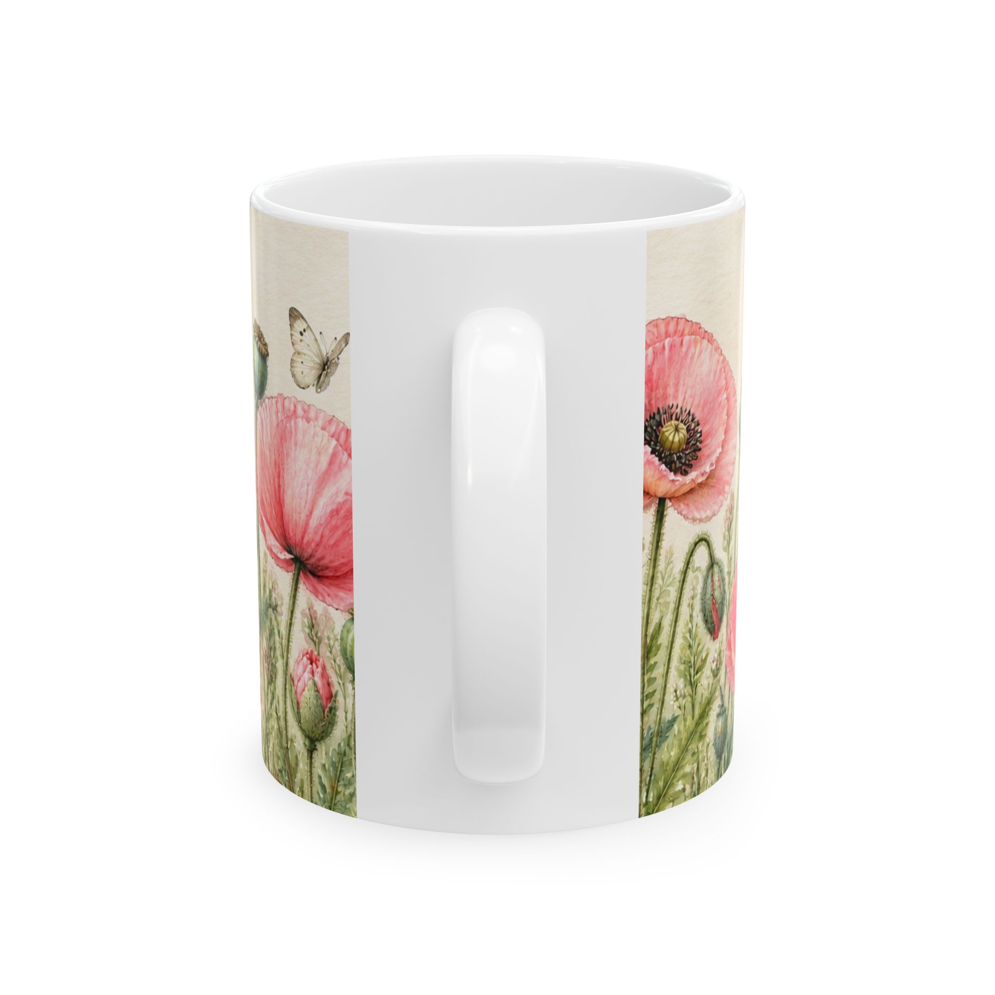 Coral pink poppy floral mug with seed pods and butterflies — view 2