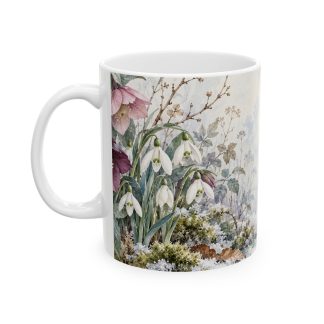 Snowdrop mug with blush plum and ivory hellebores in a pale winter garden — view 3