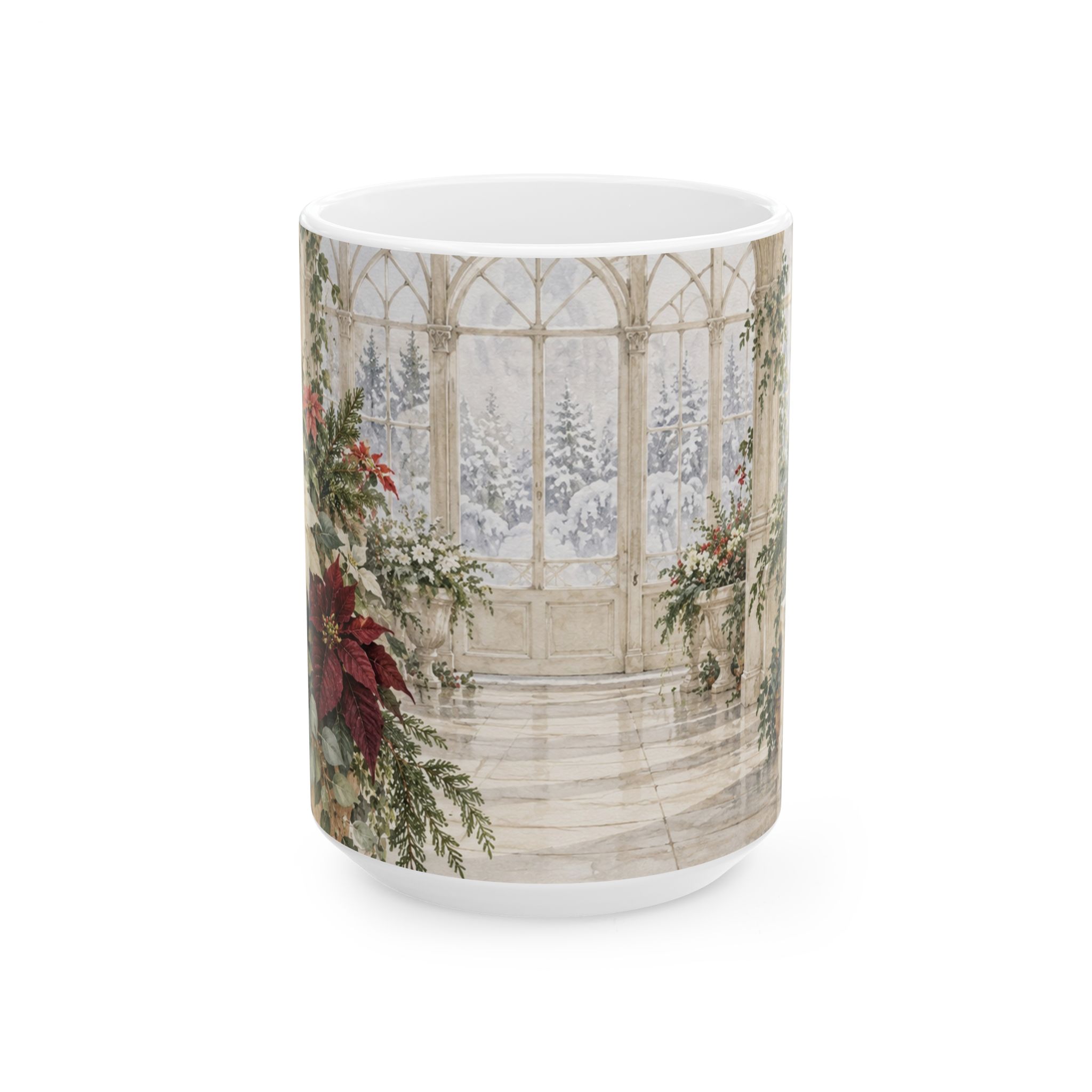 Poinsettia coffee mug with red blush and cream flowers in a winter conservatory — view 5