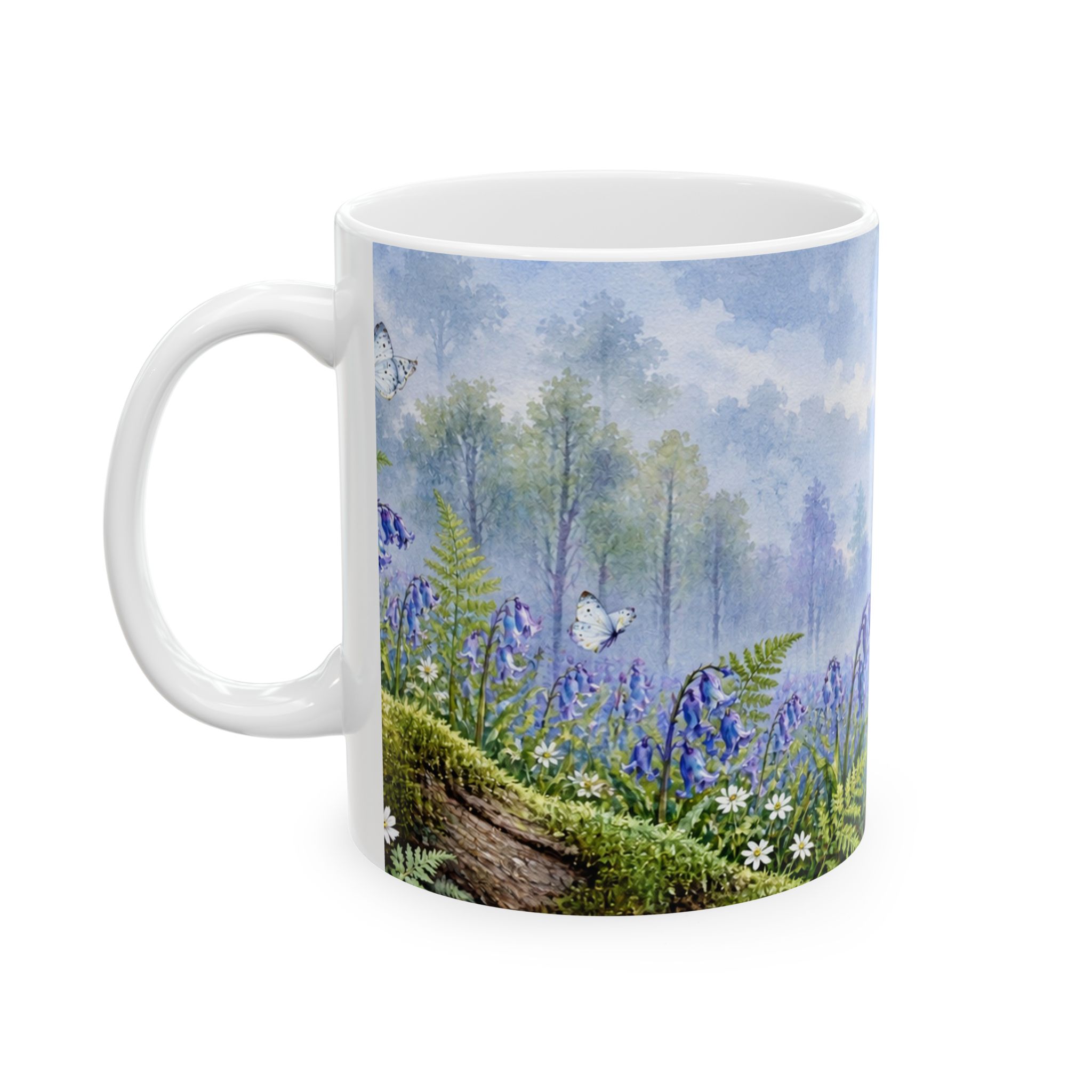 Bluebell woodland floral mug with ferns, moss and butterflies — view 3