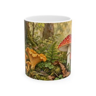 Cottagecore mushroom mug with ferns, moss and woodland fungi