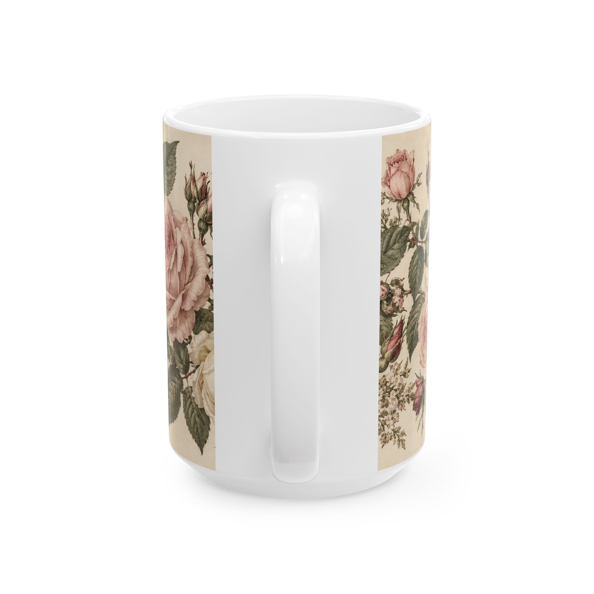 Vintage floral mug with blush, cream and burgundy roses — view 6