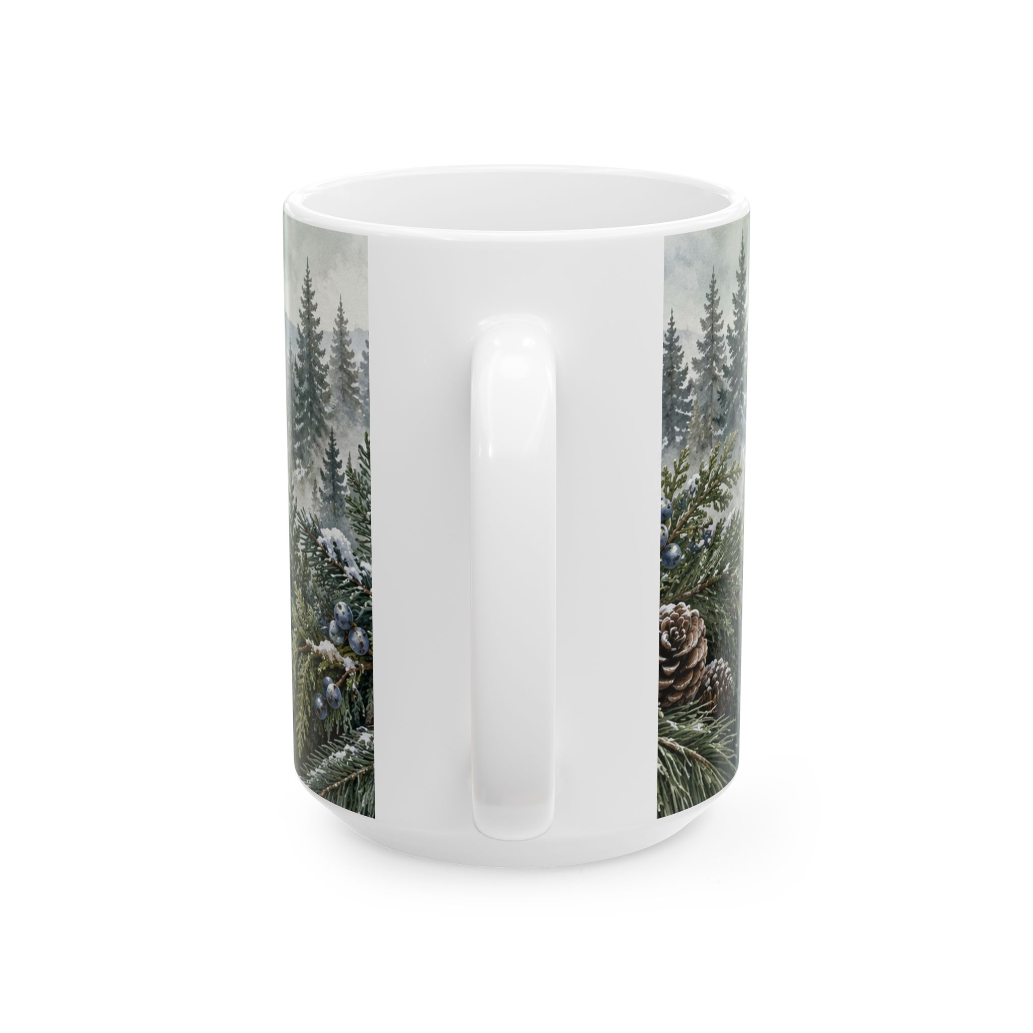 Evergreen coffee mug with snowy pine fir cedar juniper and pinecones — view 6