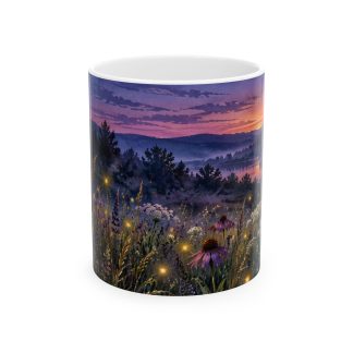 Twilight wildflower mug with glowing fireflies and Queen Anne's lace