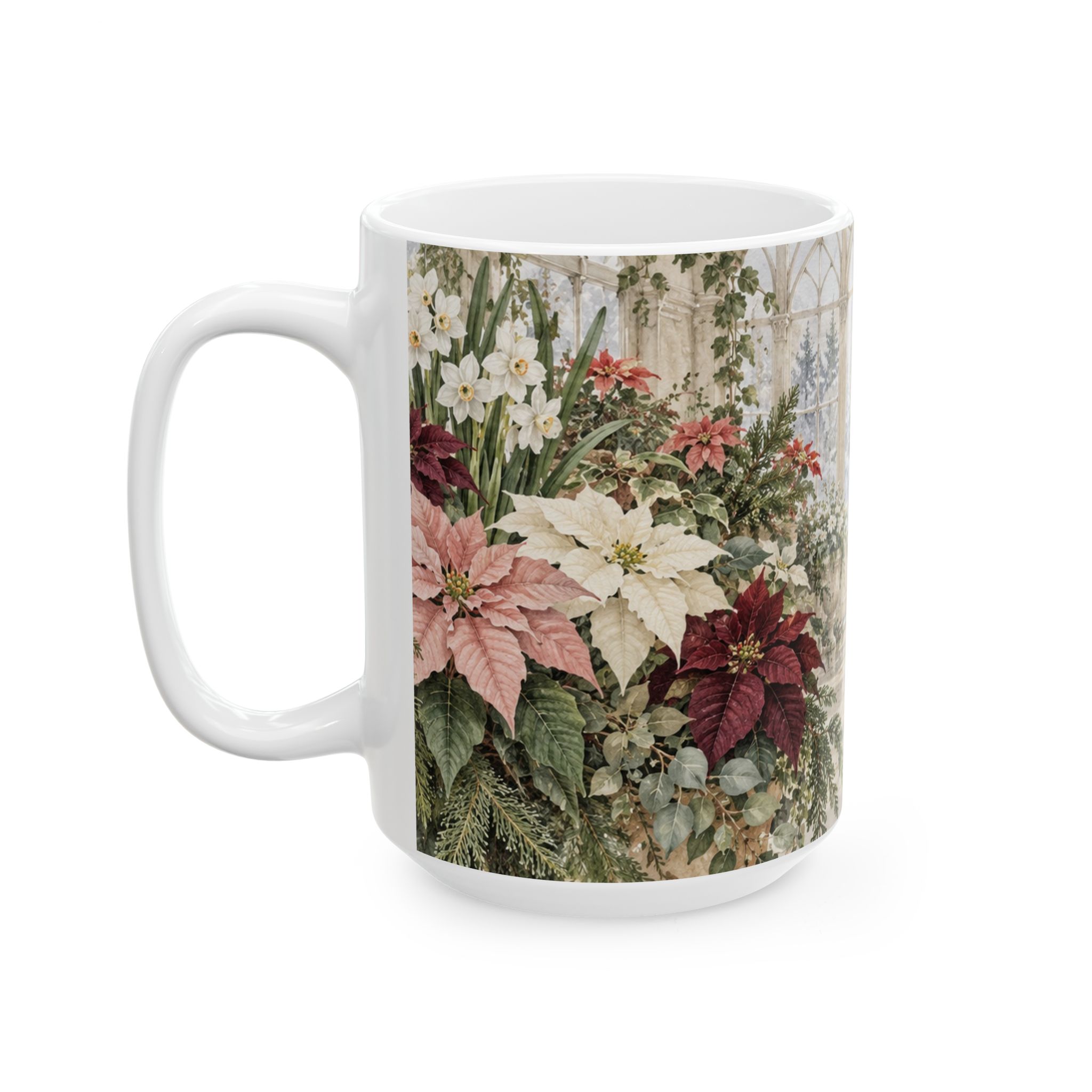 Poinsettia coffee mug with red blush and cream flowers in a winter conservatory — view 7