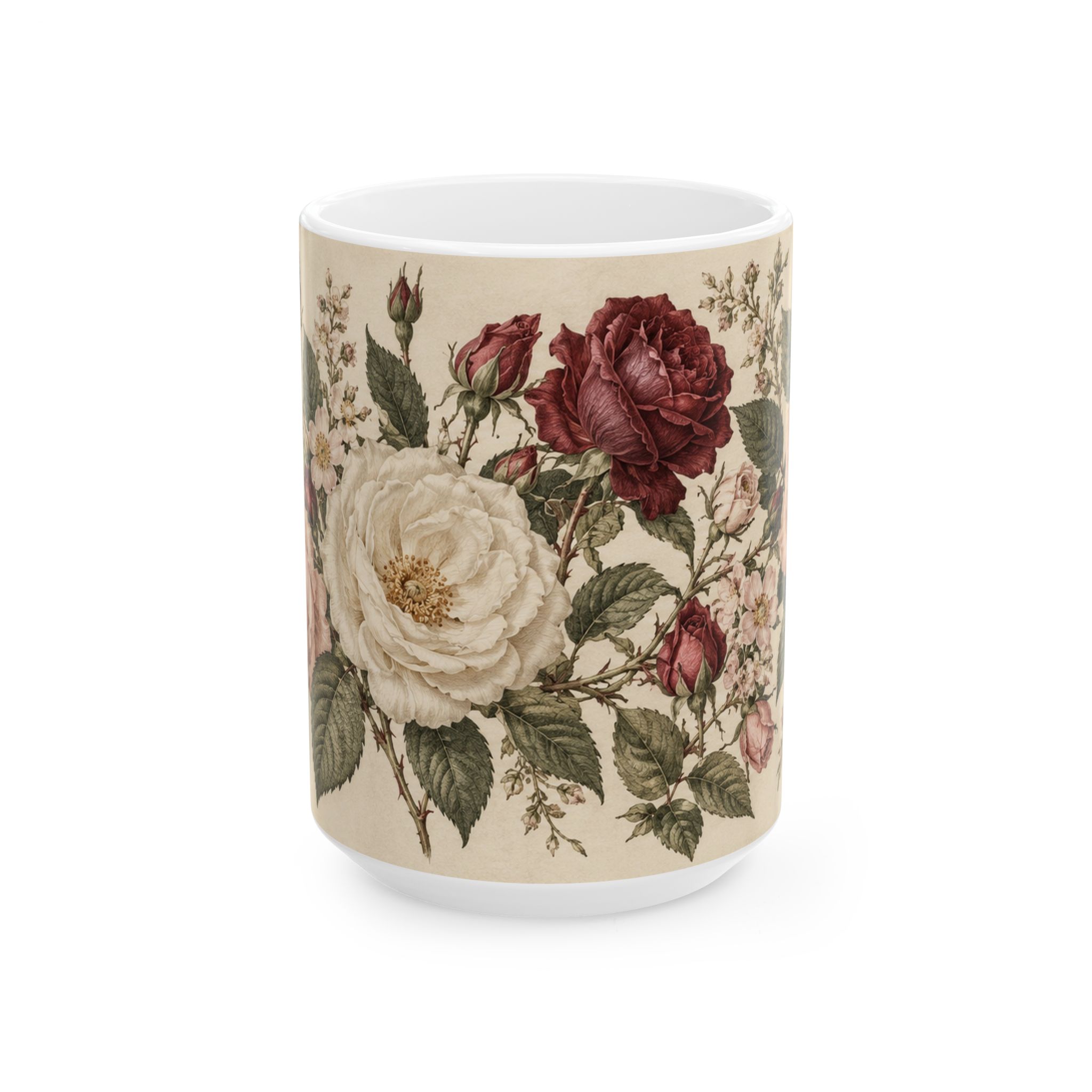 Vintage floral mug with blush, cream and burgundy roses — view 5