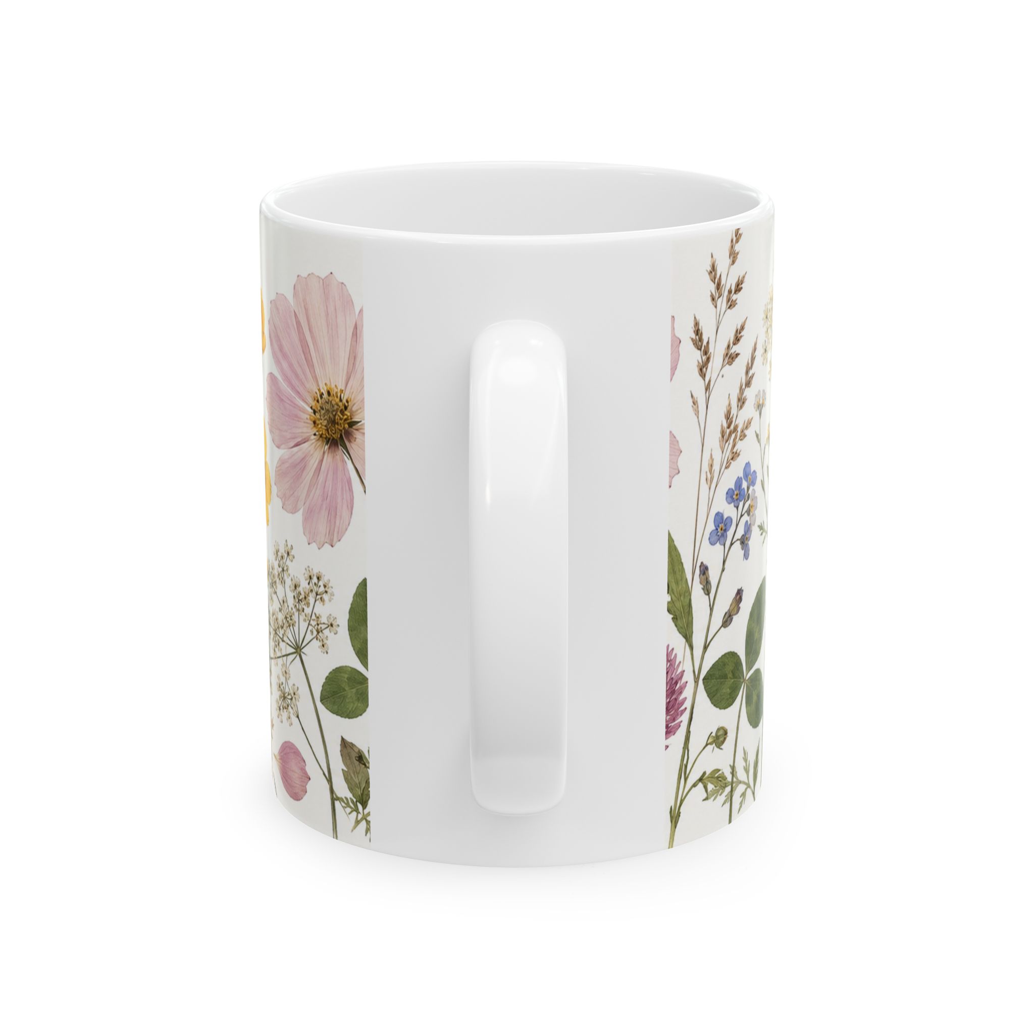 Pressed flower mug with cosmos, forget-me-nots, buttercups and clover — view 2