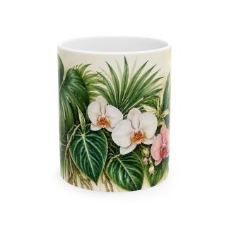 Tropical monstera and orchid botanical coffee mug