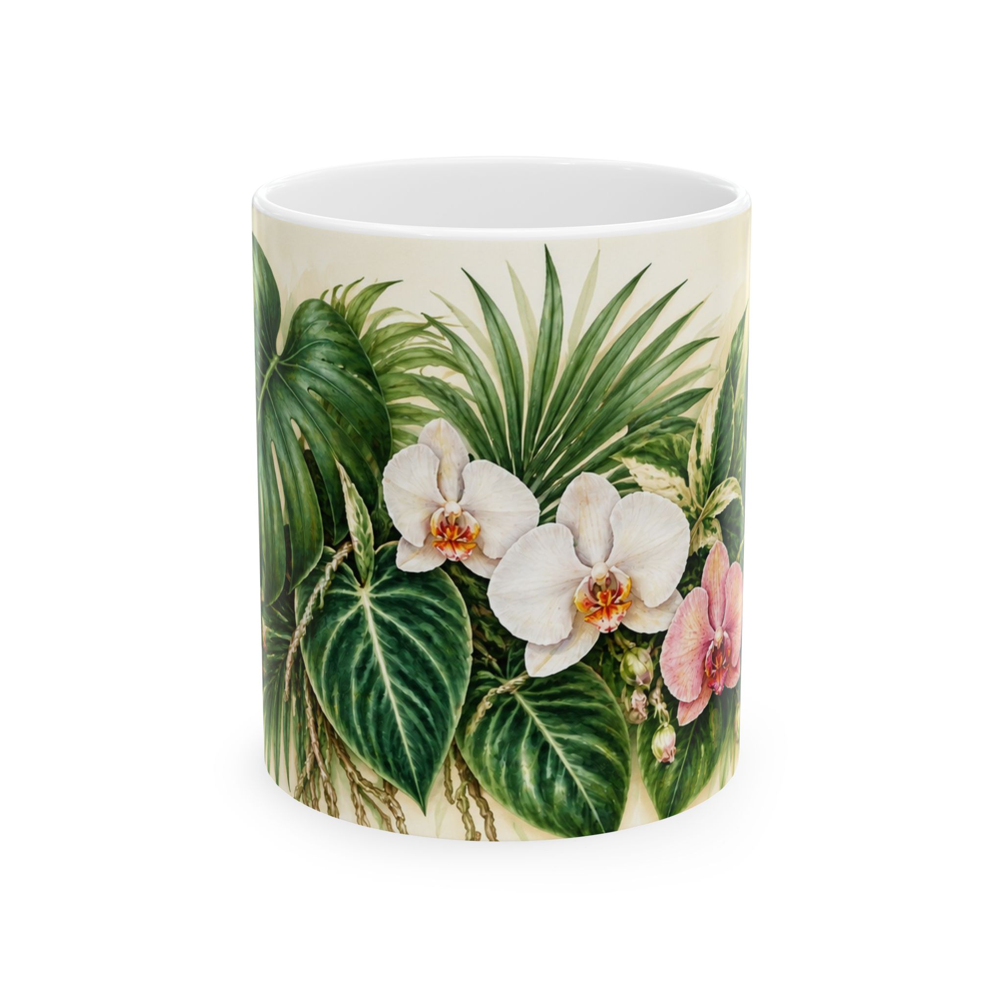 Tropical monstera and orchid botanical coffee mug