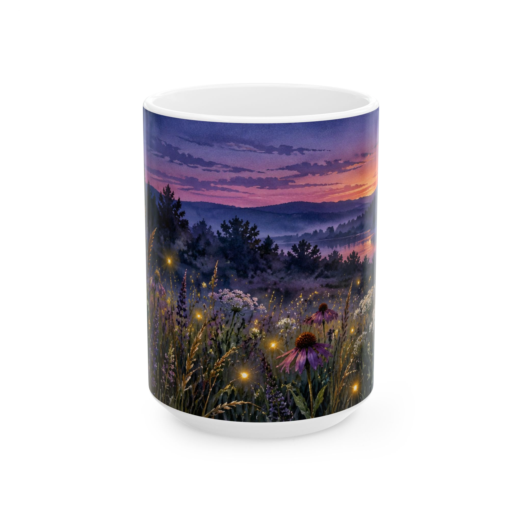 Twilight wildflower mug with glowing fireflies and Queen Anne's lace — view 5