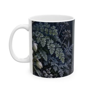 Frosted fern mug with silver blue foliage and white hellebores on navy — view 3