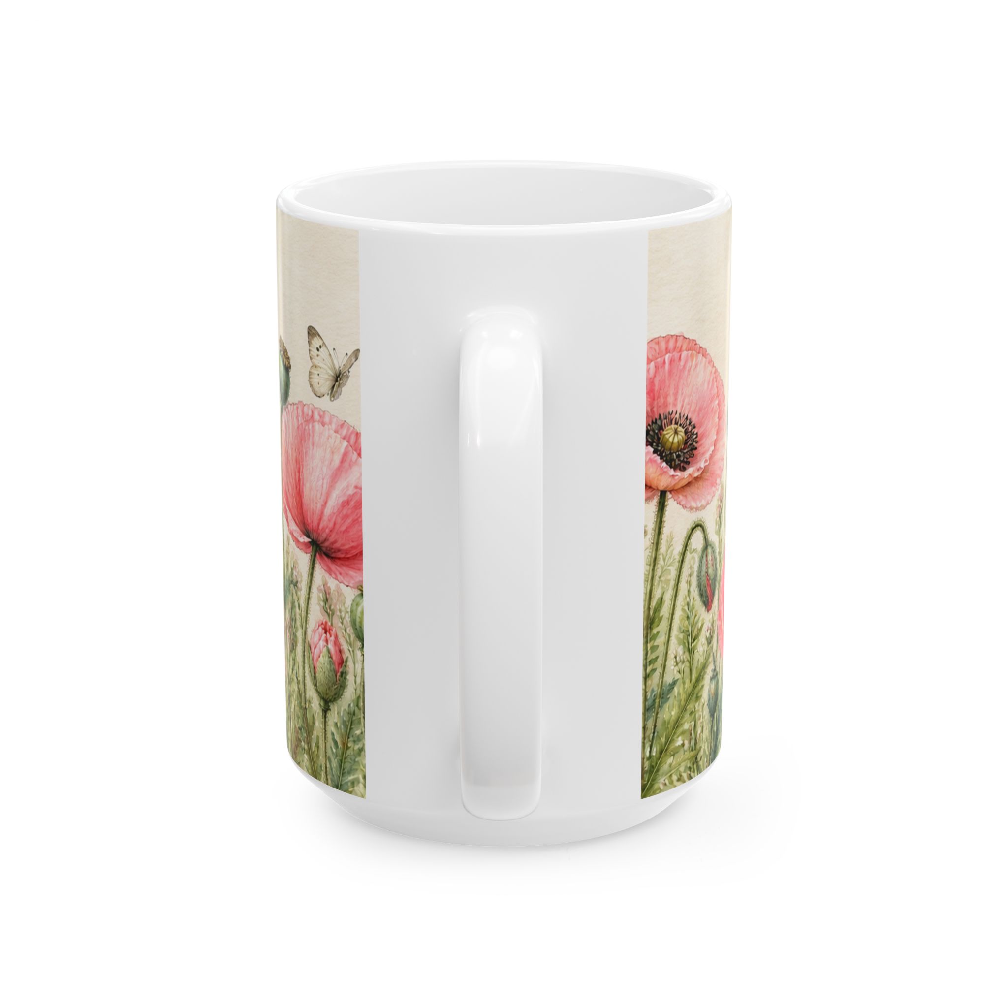 Coral pink poppy floral mug with seed pods and butterflies — view 6
