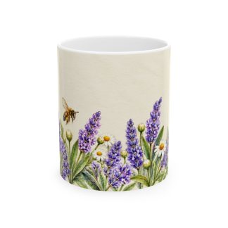 Lavender bee mug with chamomile flowers and honeybees