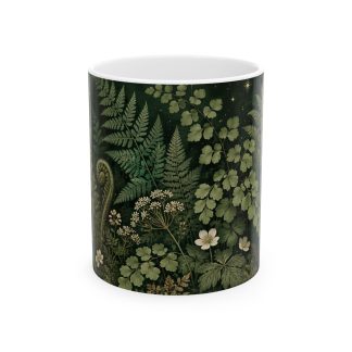 Dark green celestial fern mug with crescent moons and woodland flowers