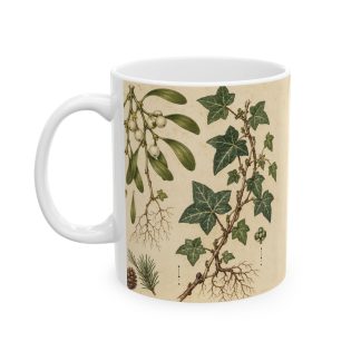 Winter botanical mug with vintage holly mistletoe ivy rosemary and cedar studies — view 3
