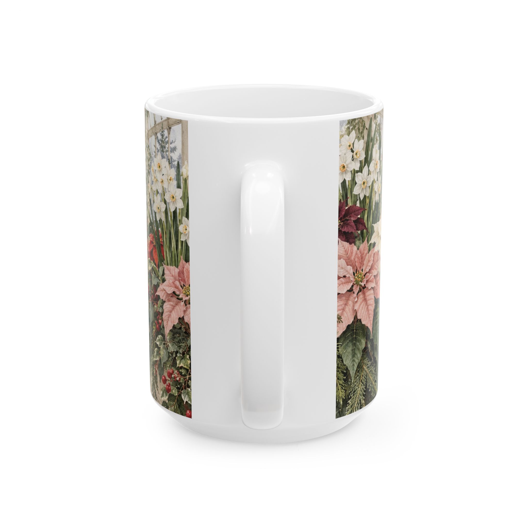 Poinsettia coffee mug with red blush and cream flowers in a winter conservatory — view 6