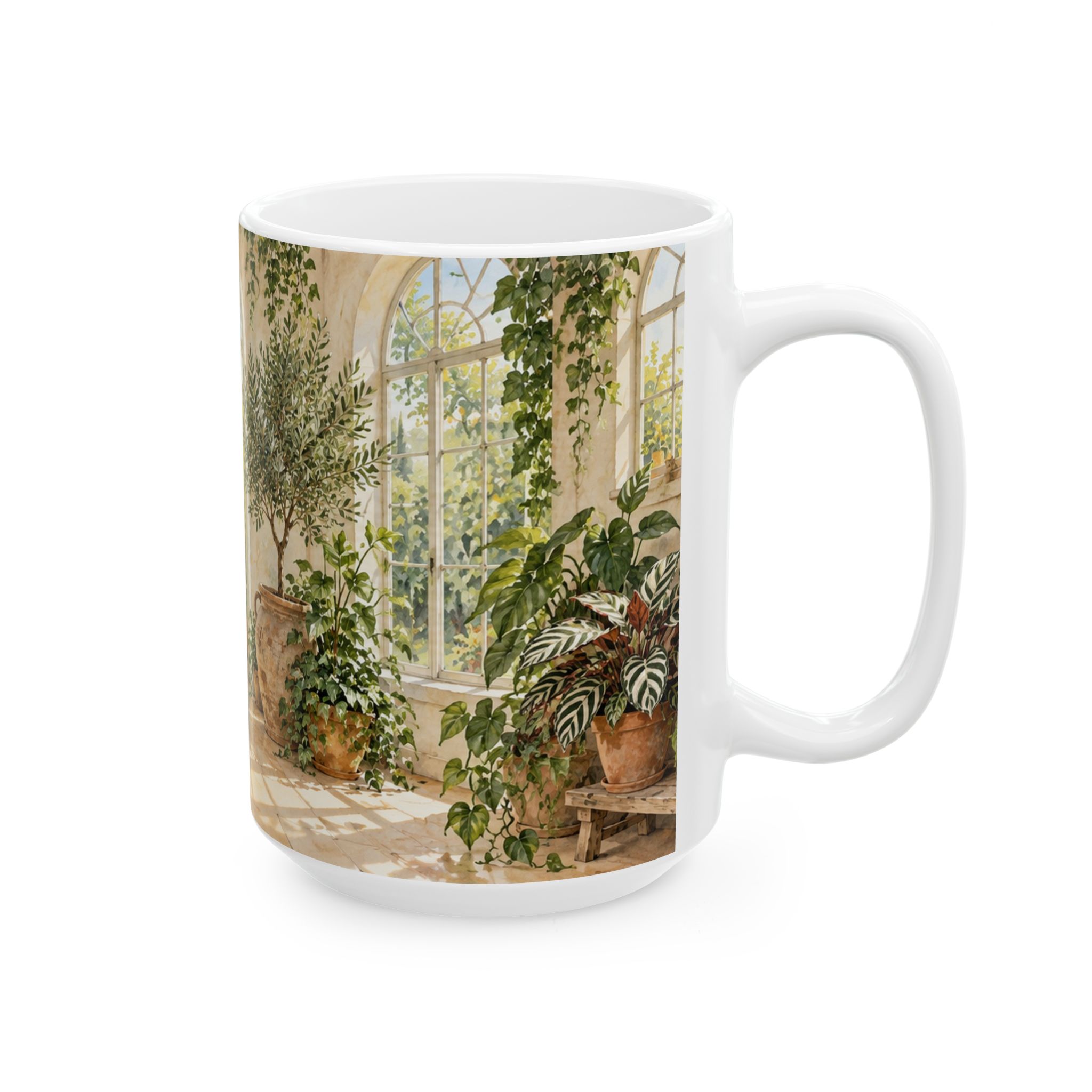 Greenhouse plant mug with monstera, pothos, calathea, ferns and terracotta pots — view 8