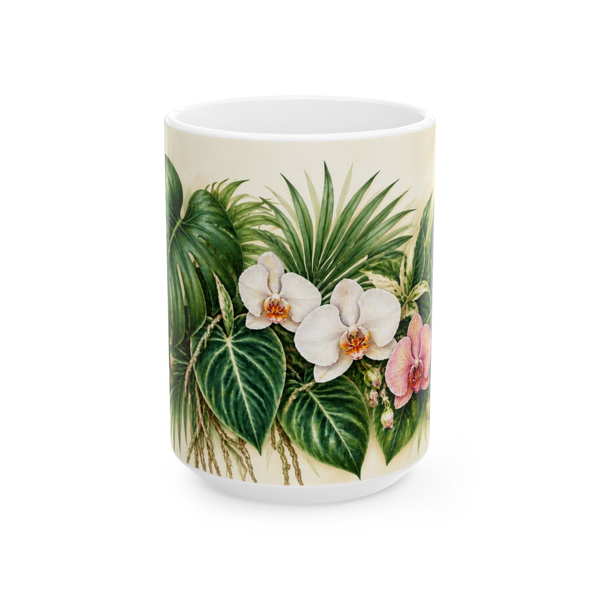 Tropical monstera and orchid botanical coffee mug — view 5