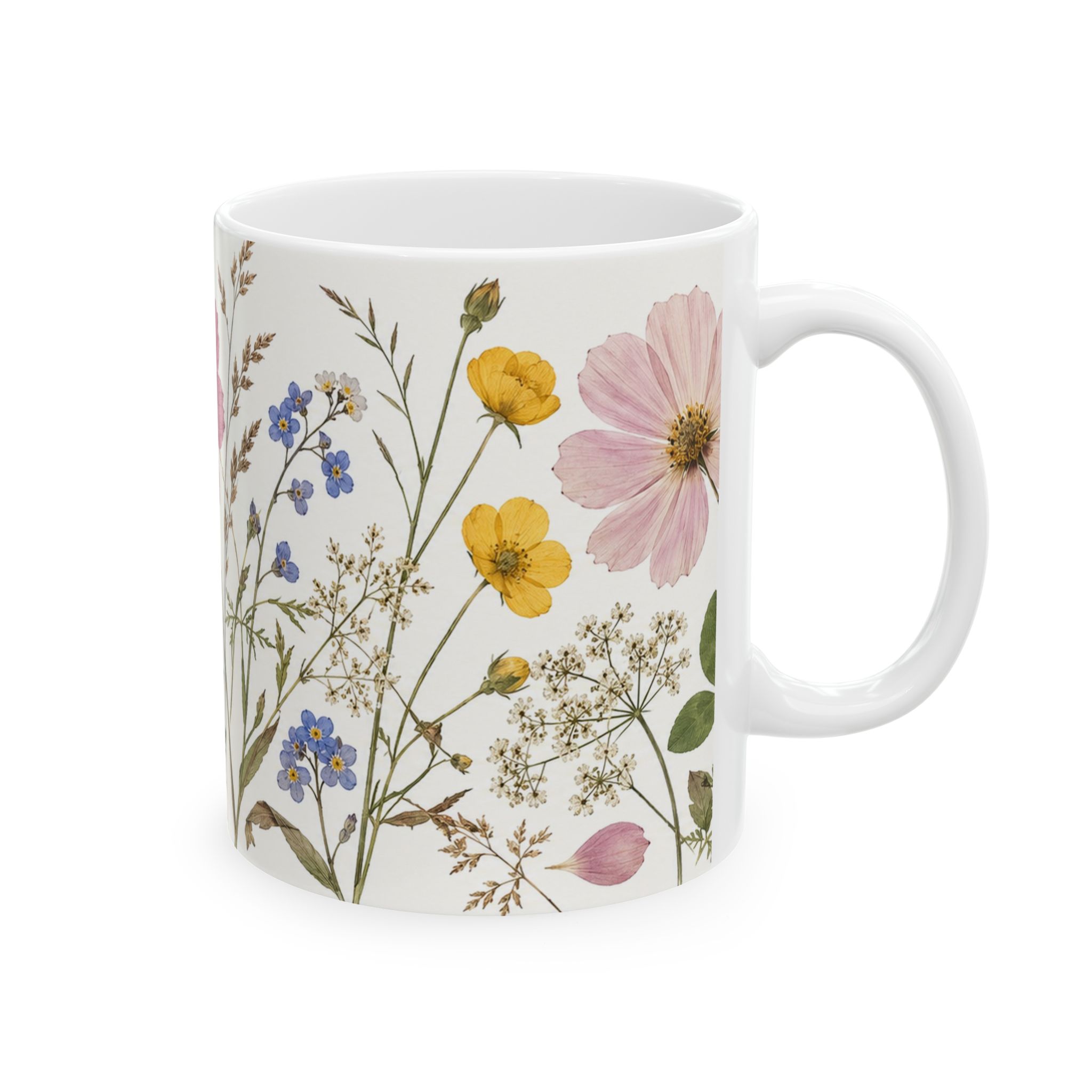 Pressed flower mug with cosmos, forget-me-nots, buttercups and clover — view 4