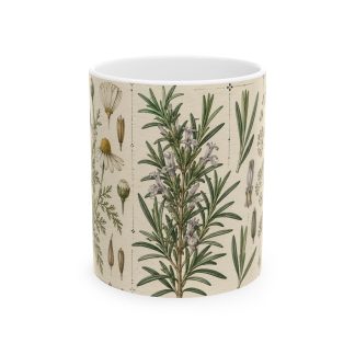 Vintage botanical herbarium mug with ferns, chamomile and rosemary