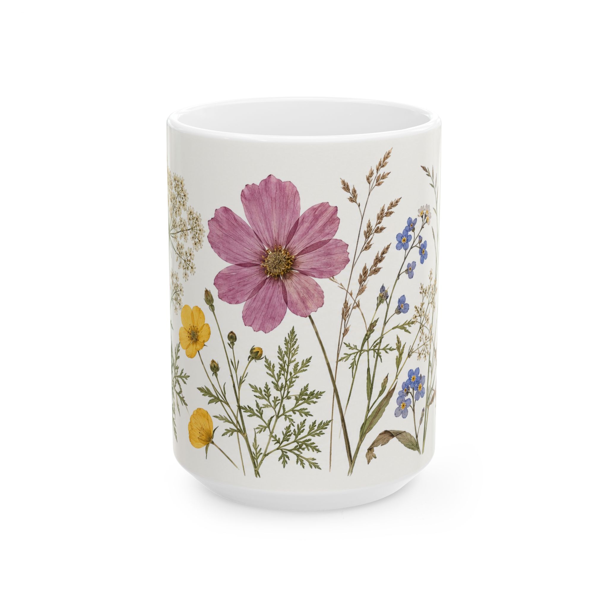 Pressed flower mug with cosmos, forget-me-nots, buttercups and clover — view 5