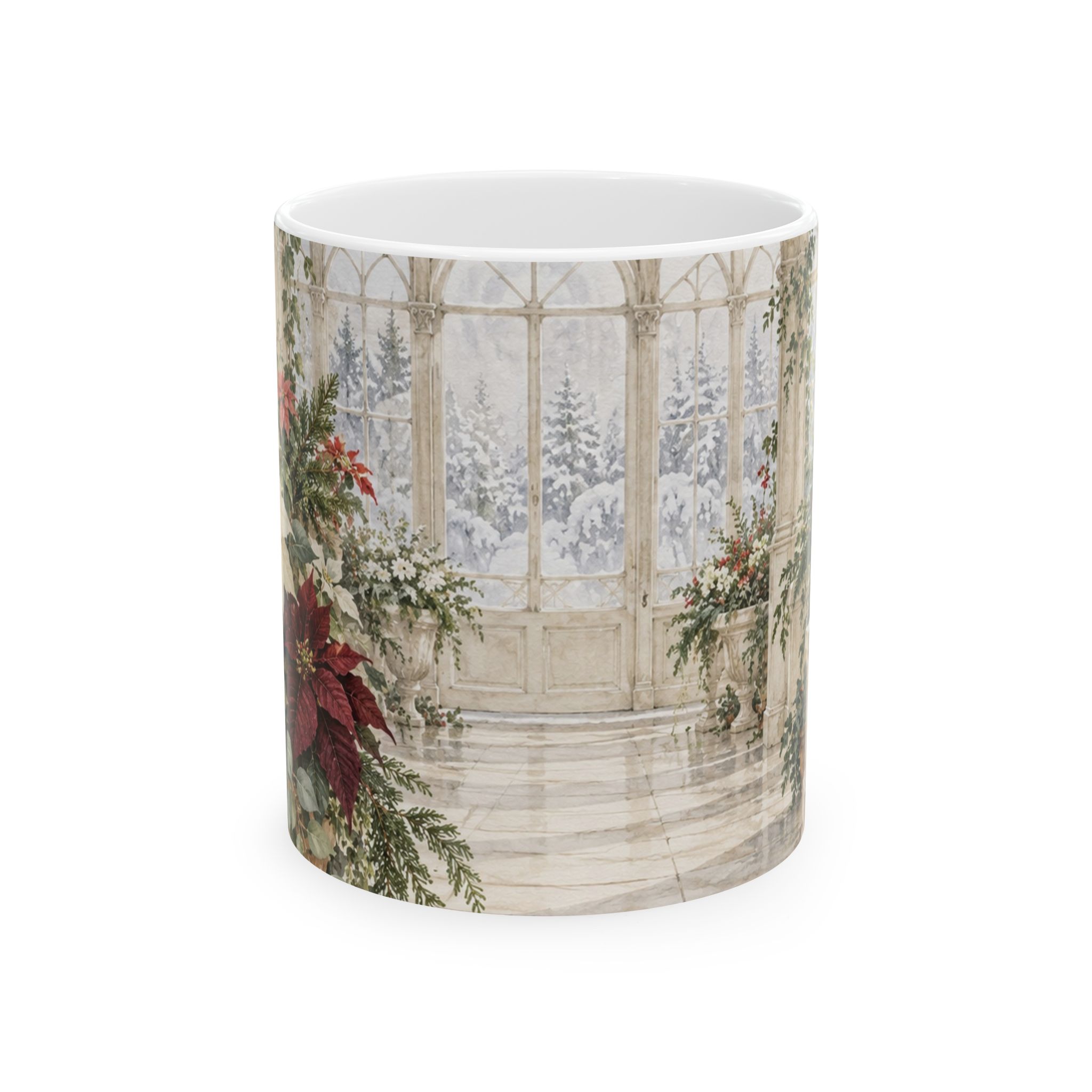 Poinsettia coffee mug with red blush and cream flowers in a winter conservatory
