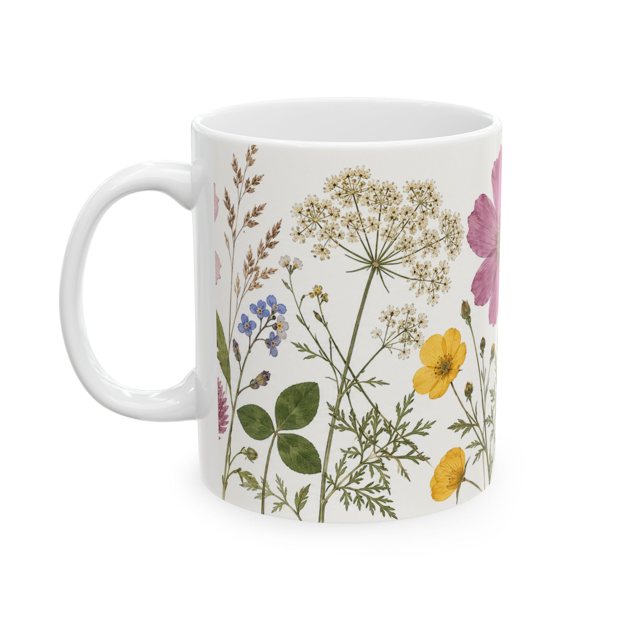 Pressed flower mug with cosmos, forget-me-nots, buttercups and clover — view 3