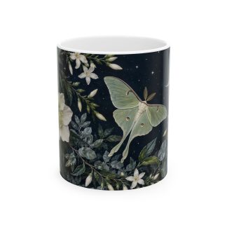 Dark botanical luna moth mug with hellebores, jasmine and crescent moon
