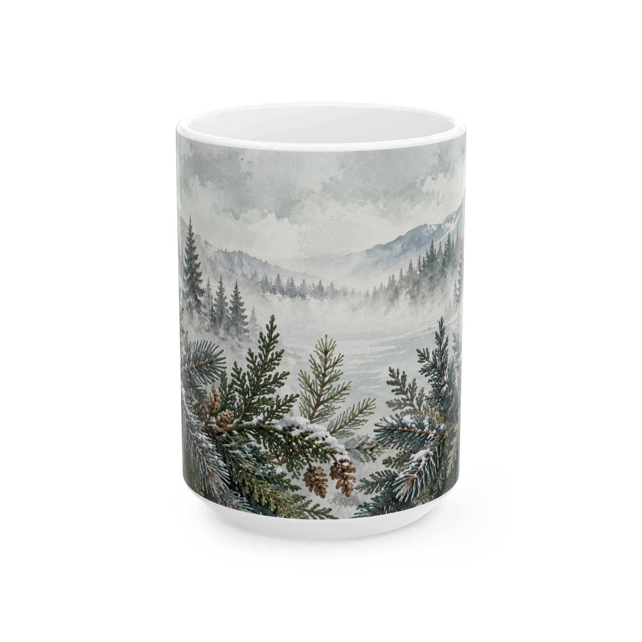 Evergreen coffee mug with snowy pine fir cedar juniper and pinecones — view 5