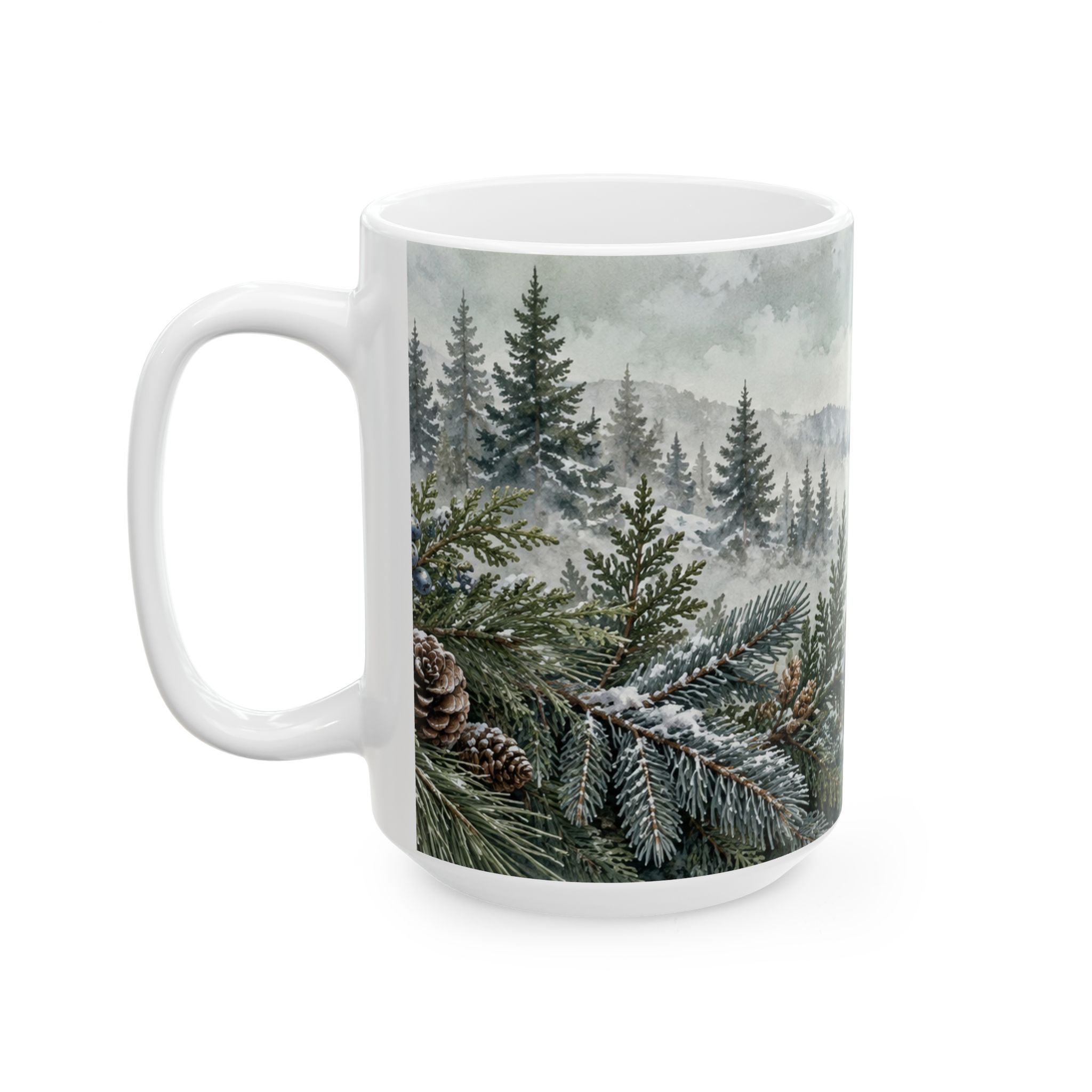 Evergreen coffee mug with snowy pine fir cedar juniper and pinecones — view 7