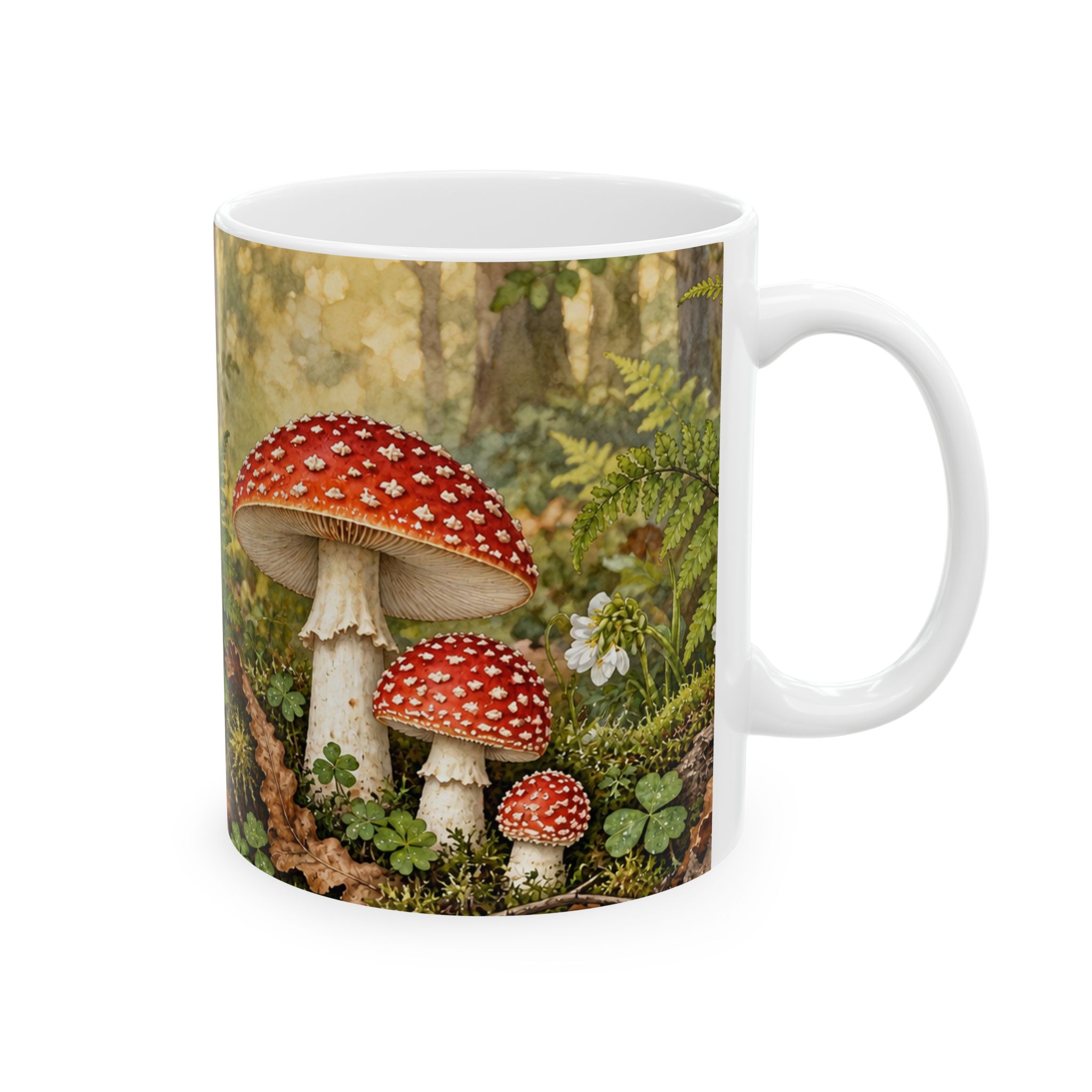 Cottagecore mushroom mug with ferns, moss and woodland fungi — view 4