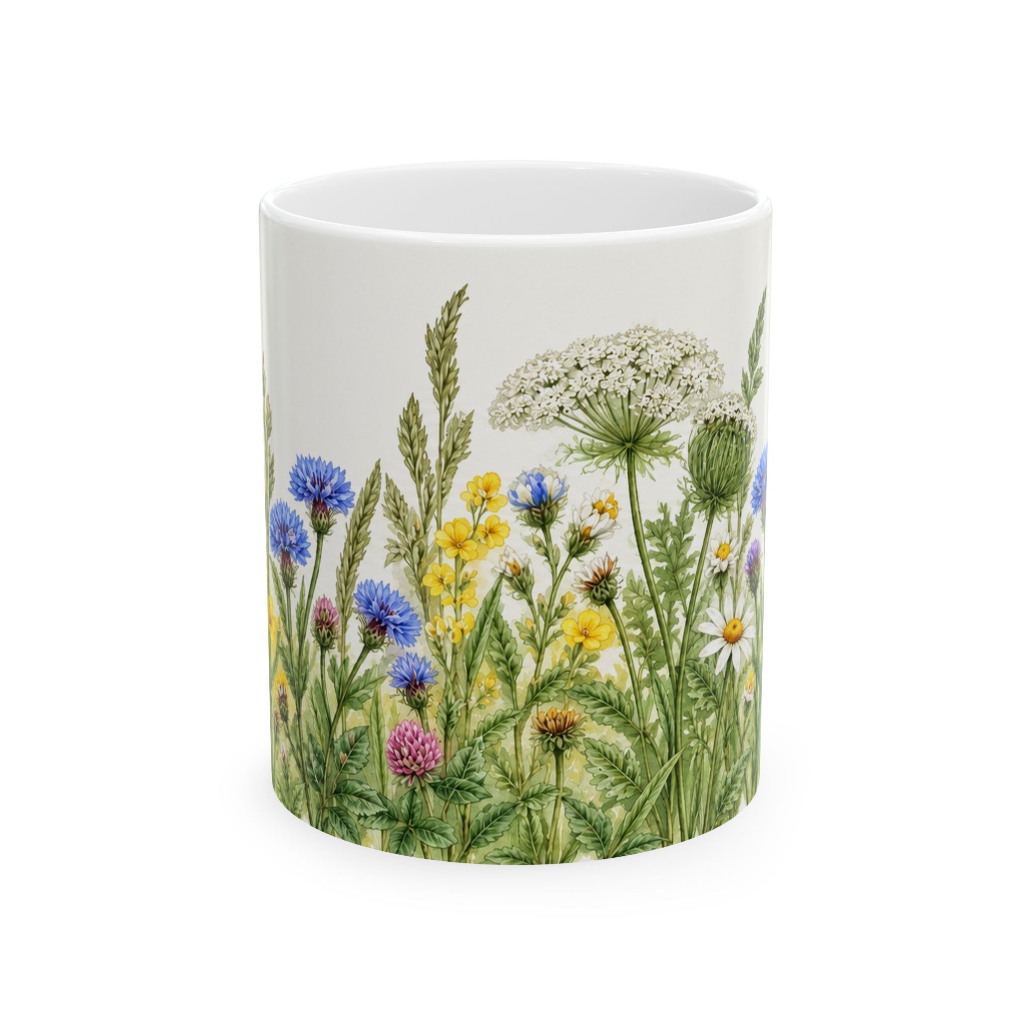 Wildflower coffee mug with daisies, coneflowers and bluebells