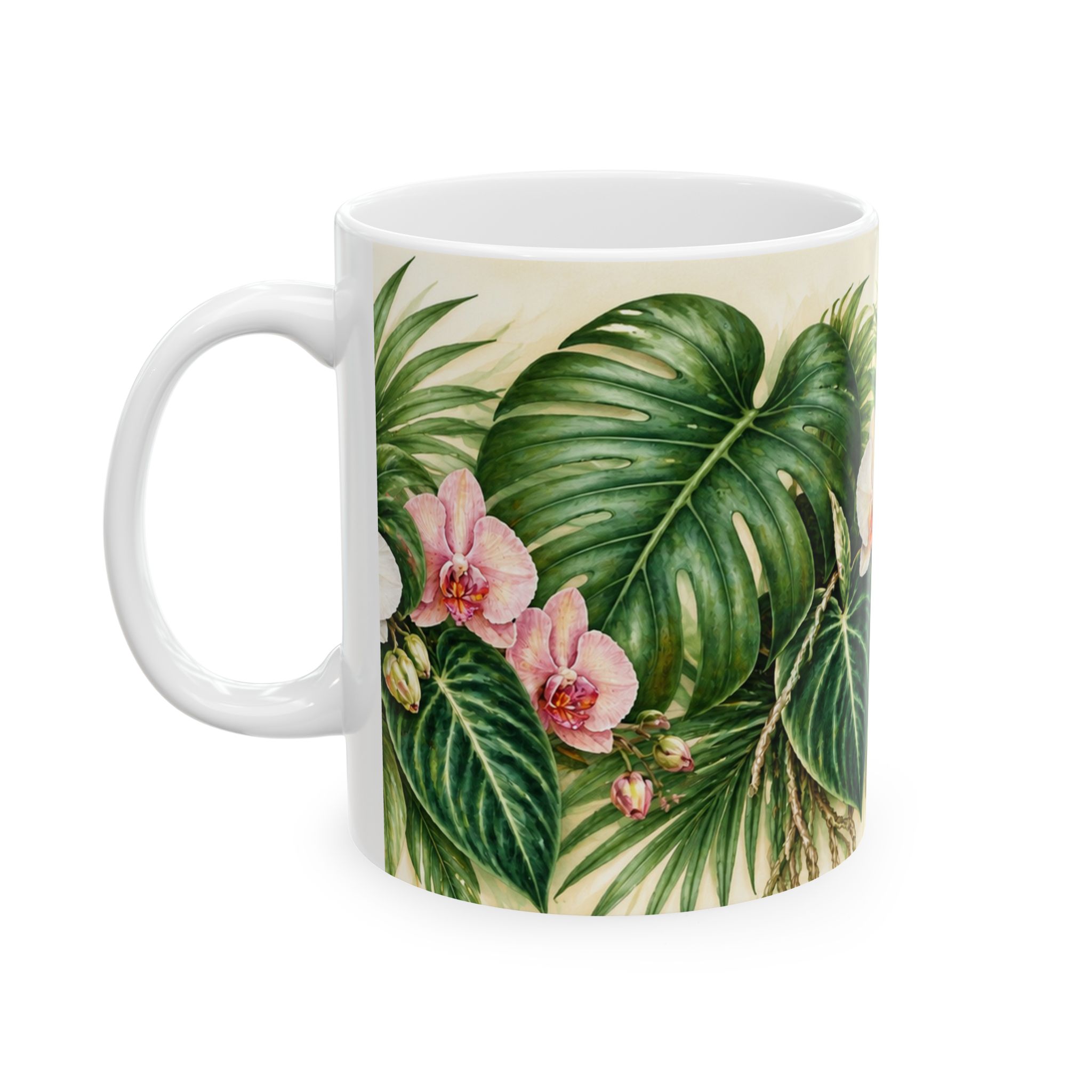Tropical monstera and orchid botanical coffee mug — view 3