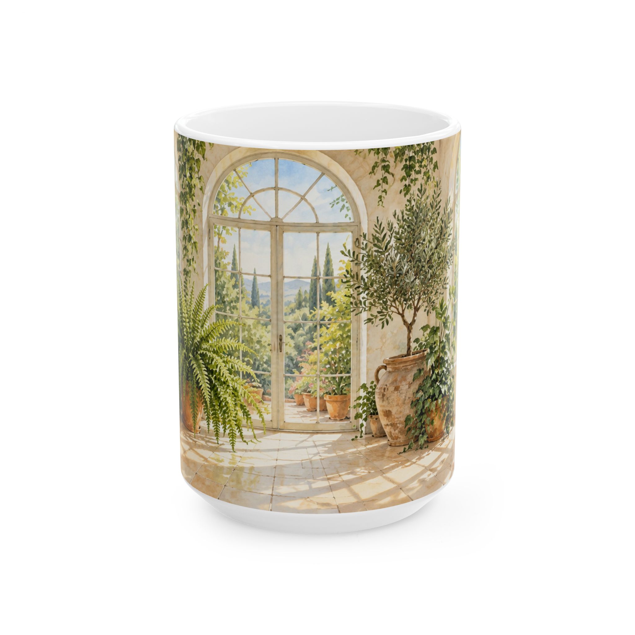 Greenhouse plant mug with monstera, pothos, calathea, ferns and terracotta pots — view 5