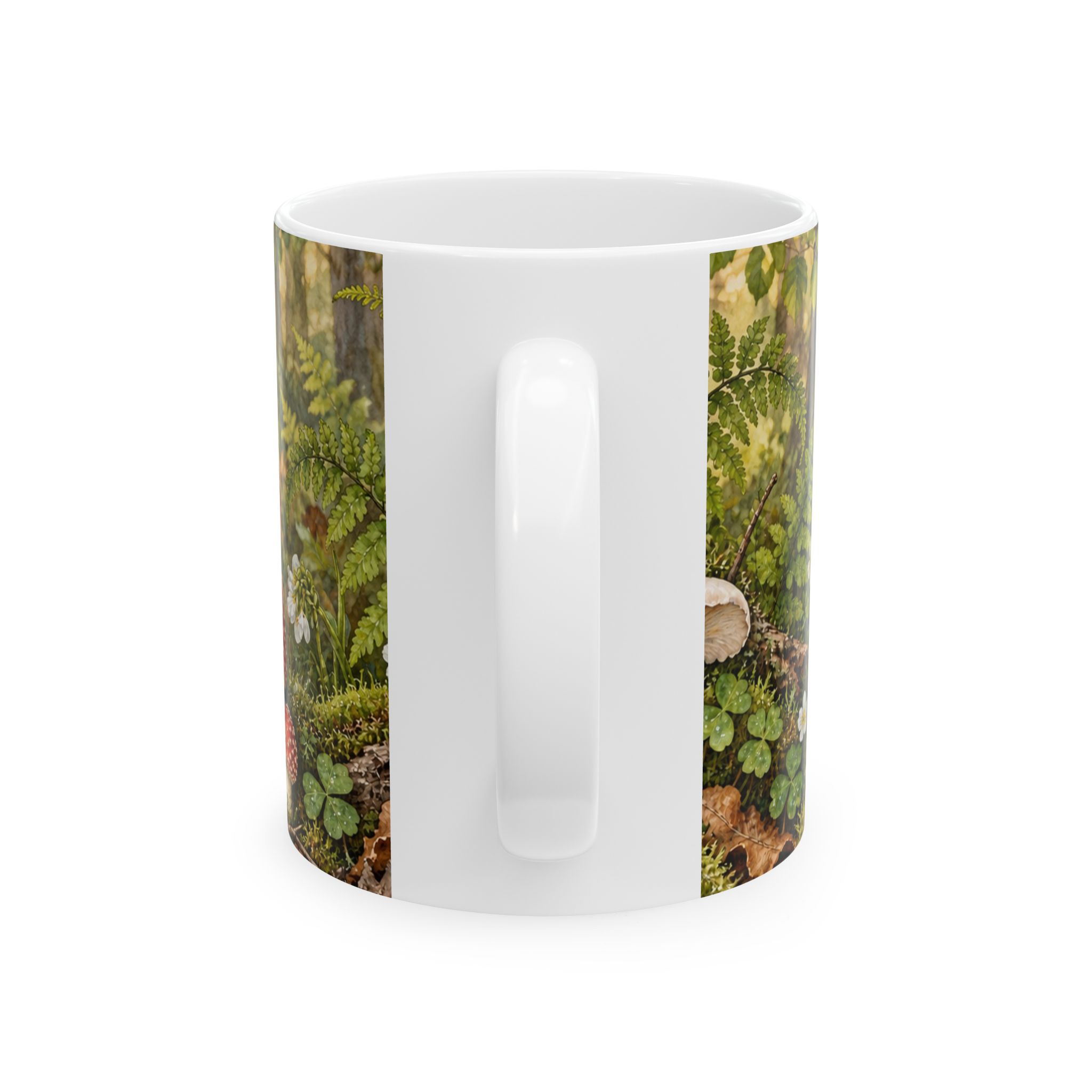 Cottagecore mushroom mug with ferns, moss and woodland fungi — view 2