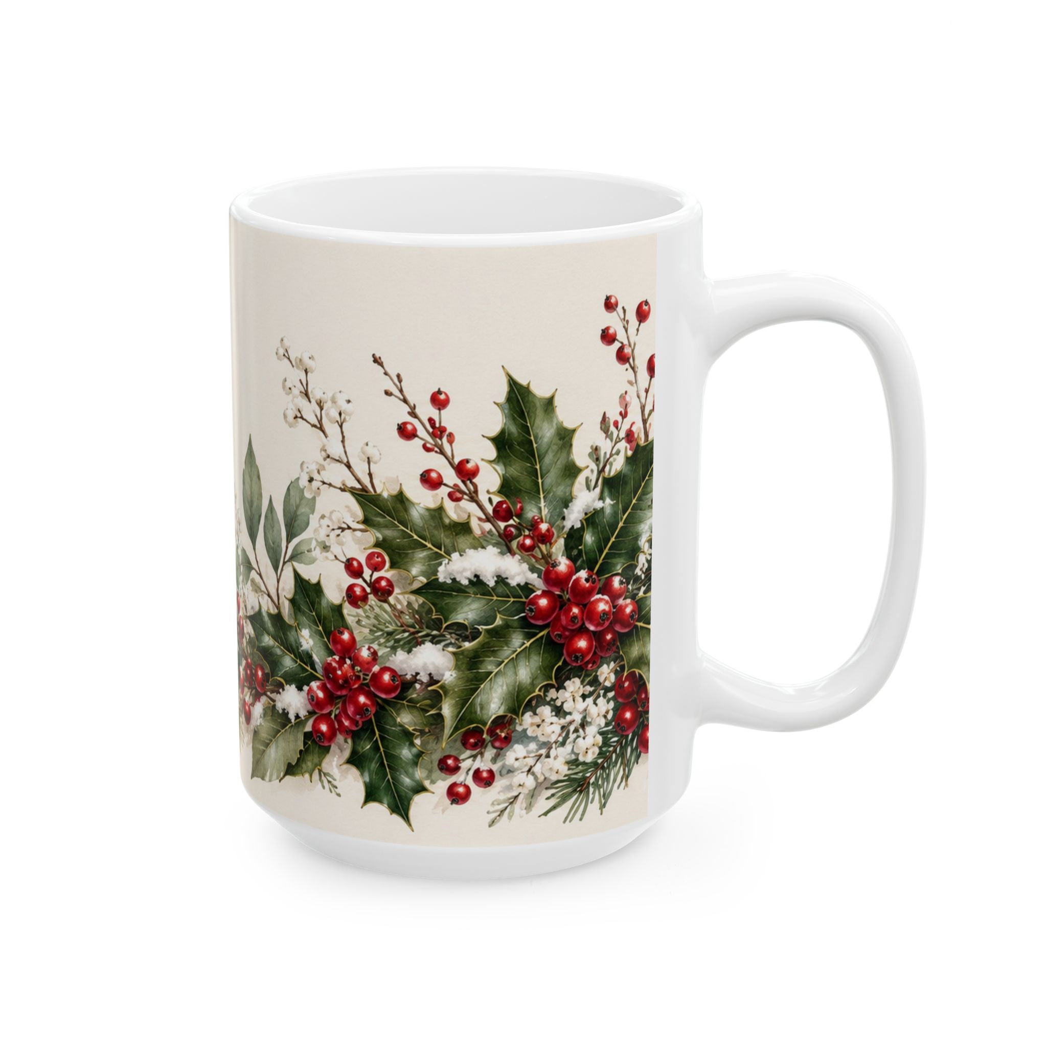 Holly coffee mug with red winterberries snowy greenery and chickadees — view 8