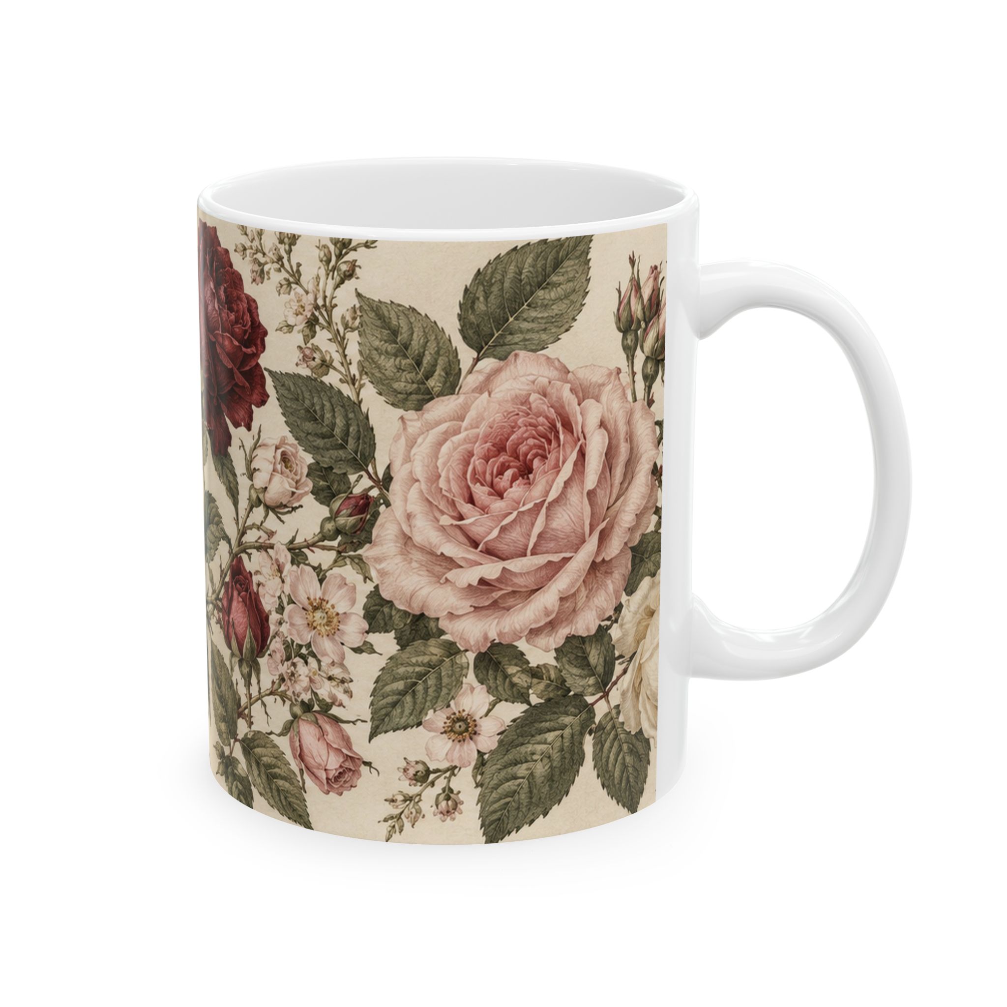 Vintage floral mug with blush, cream and burgundy roses — view 4