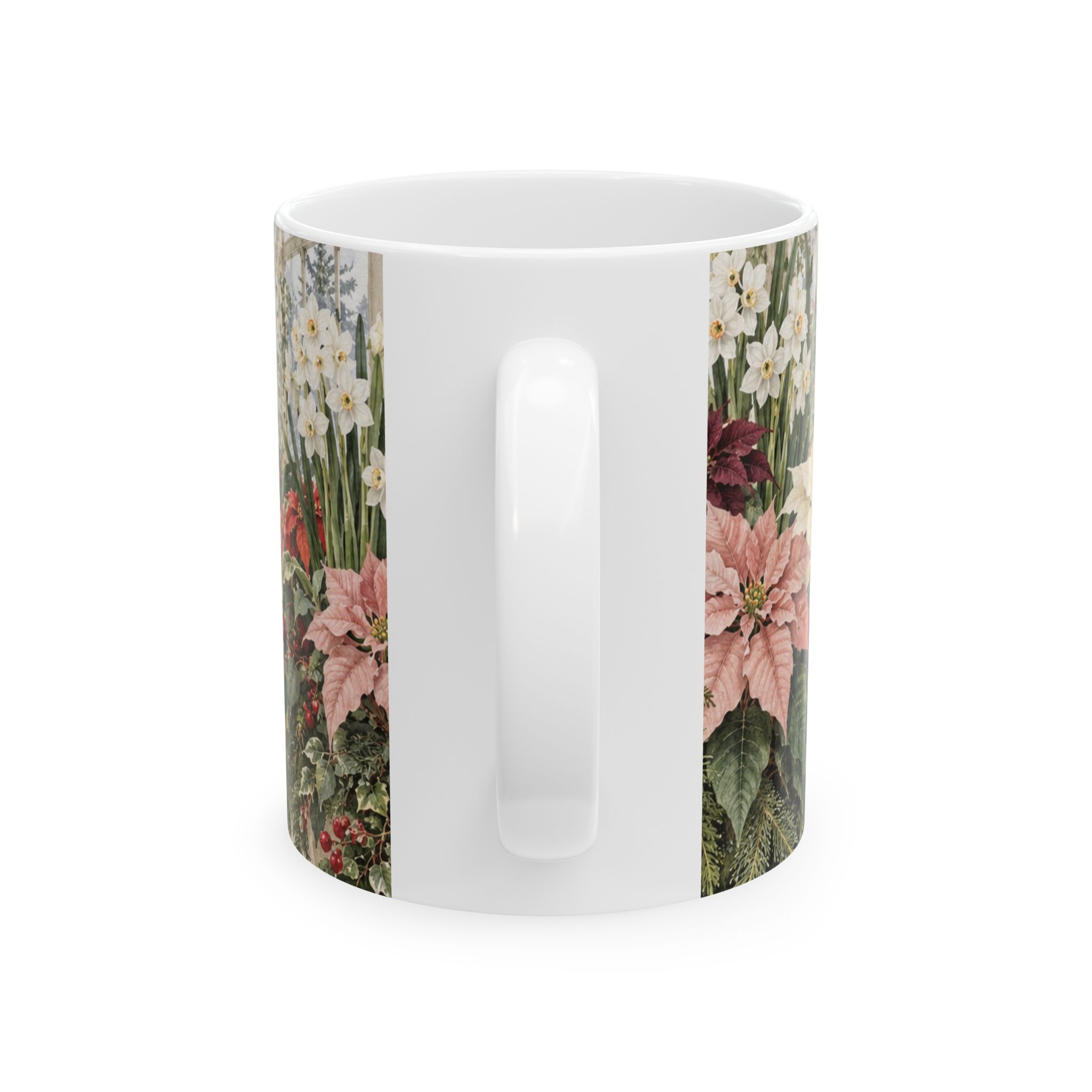 Poinsettia coffee mug with red blush and cream flowers in a winter conservatory — view 2