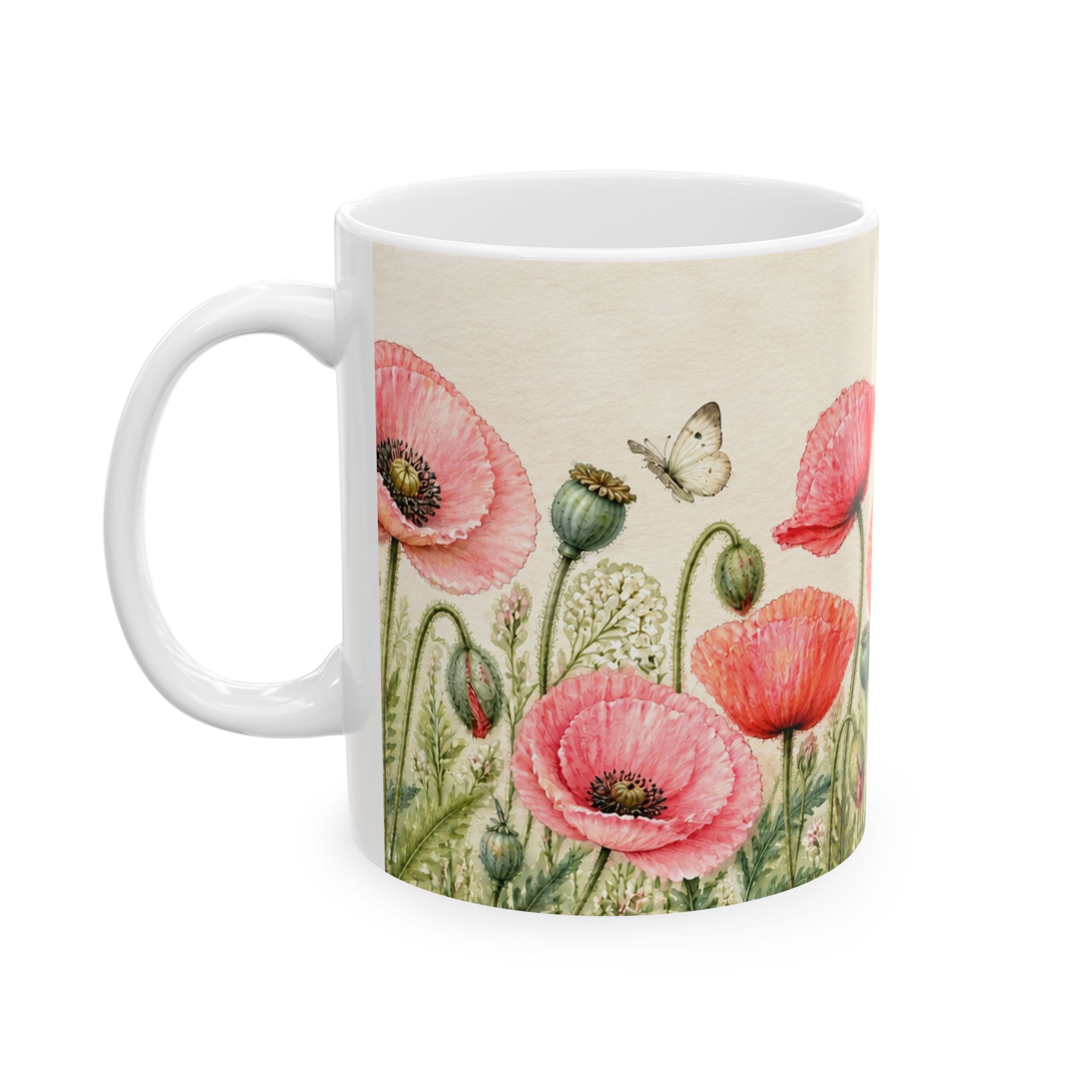 Coral pink poppy floral mug with seed pods and butterflies — view 3