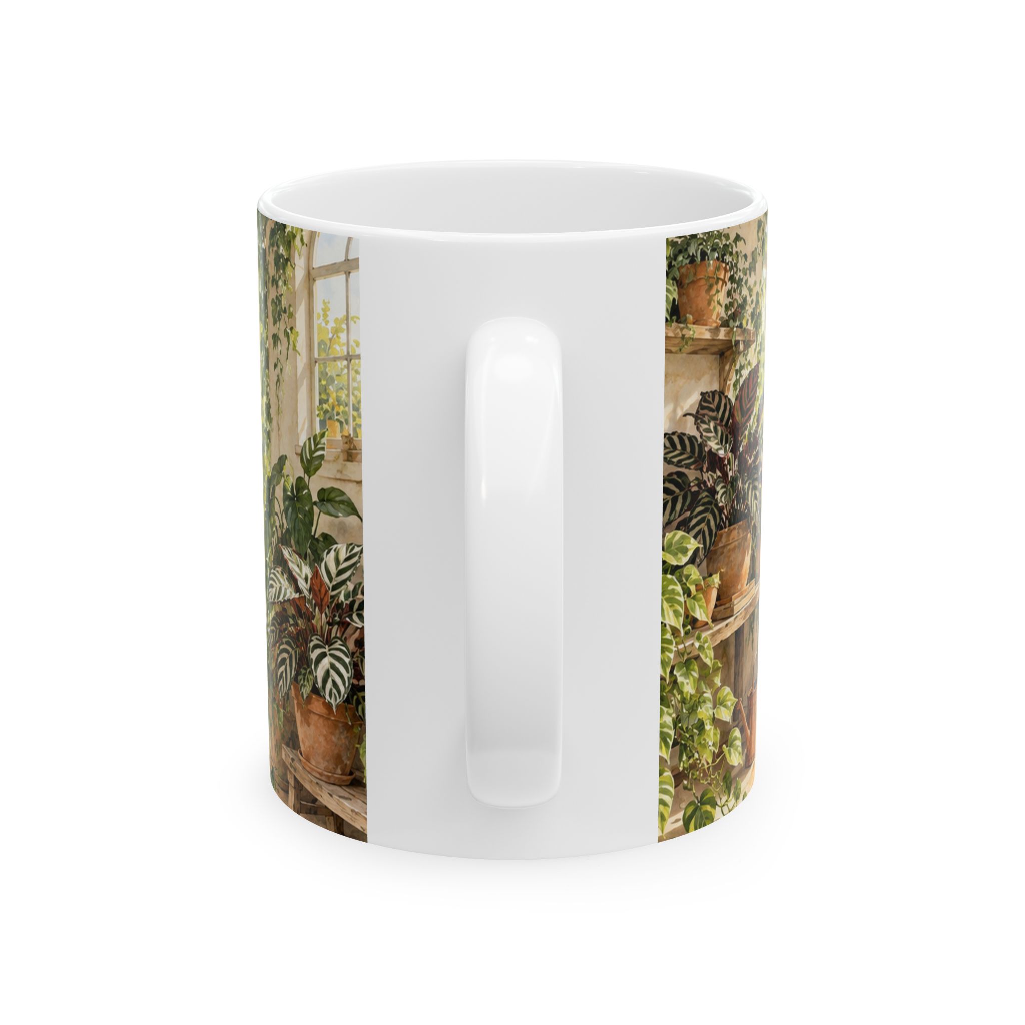 Greenhouse plant mug with monstera, pothos, calathea, ferns and terracotta pots — view 2