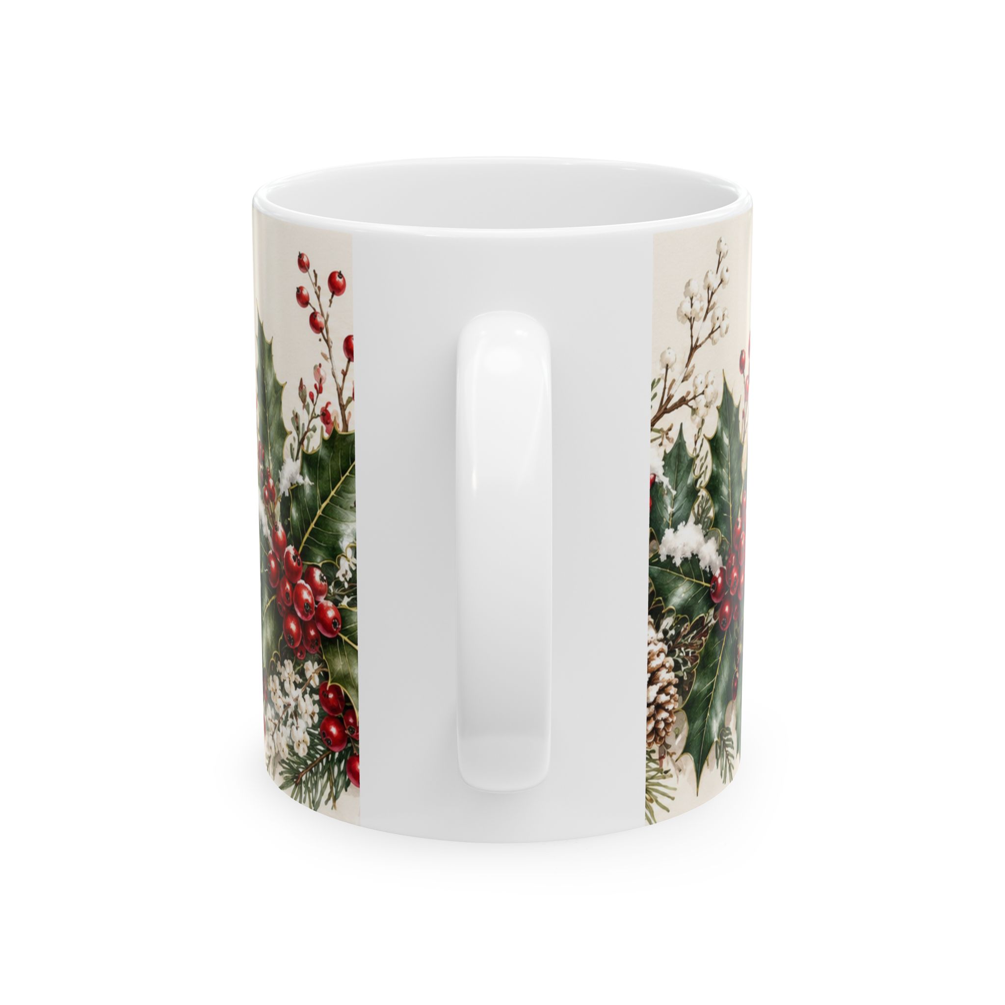 Holly coffee mug with red winterberries snowy greenery and chickadees — view 2