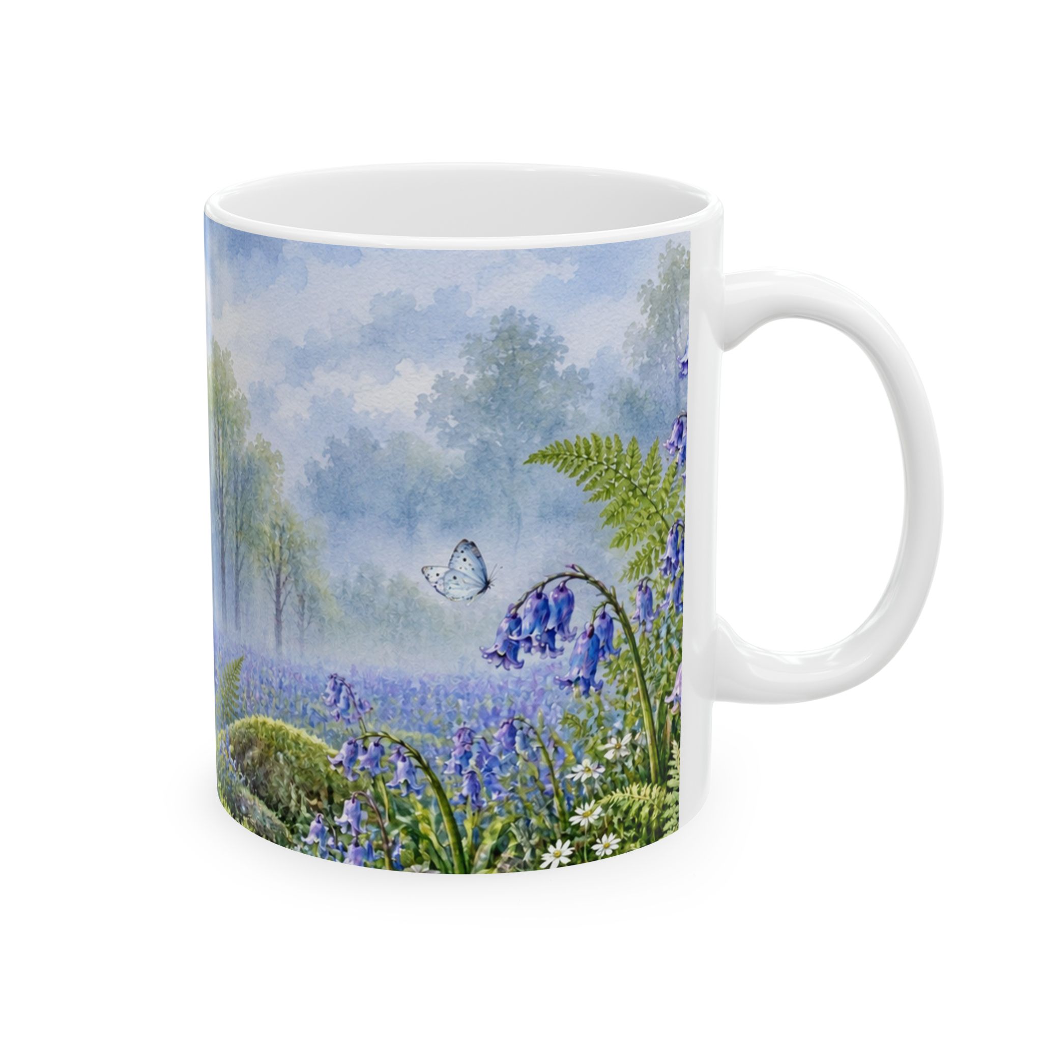 Bluebell woodland floral mug with ferns, moss and butterflies — view 4