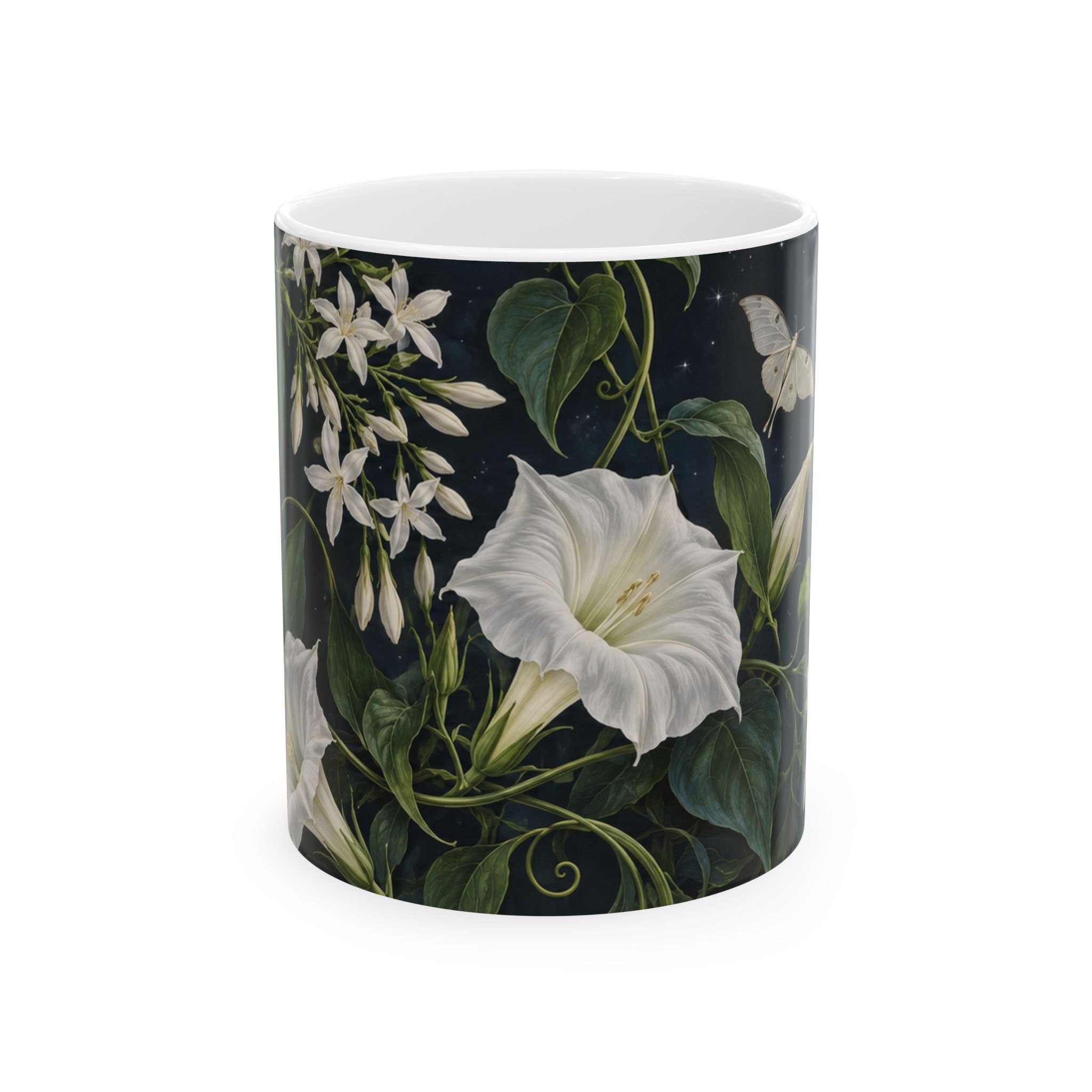 Night-blooming jasmine and moonflower mug with pale moths
