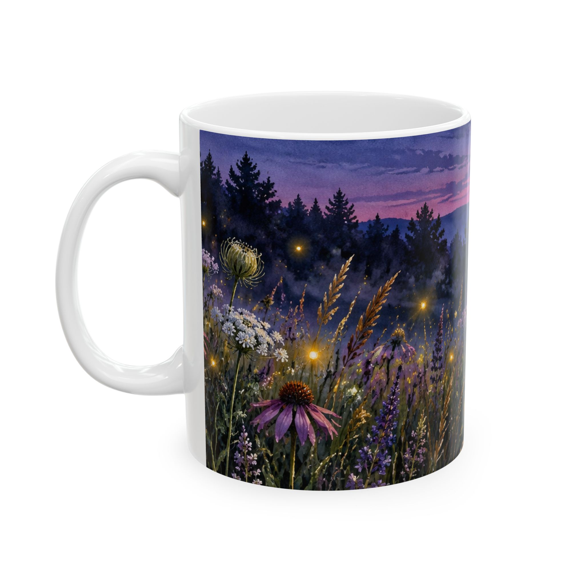 Twilight wildflower mug with glowing fireflies and Queen Anne's lace — view 3